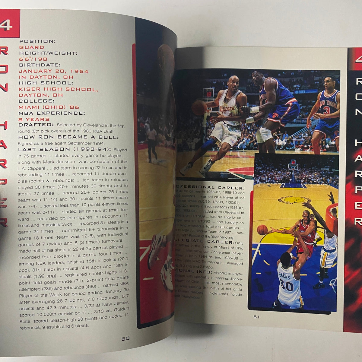 1994 - 1995 Chicago Bulls Official Yearbook showcasing Ron Harper's player profile with game action images, detailed statistics, and career highlights.