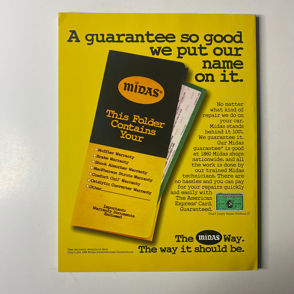 1994 - 1995 Chicago Bulls Official Yearbook advertisement for Midas with warranty details, promoting quality and reliability in car repair services.