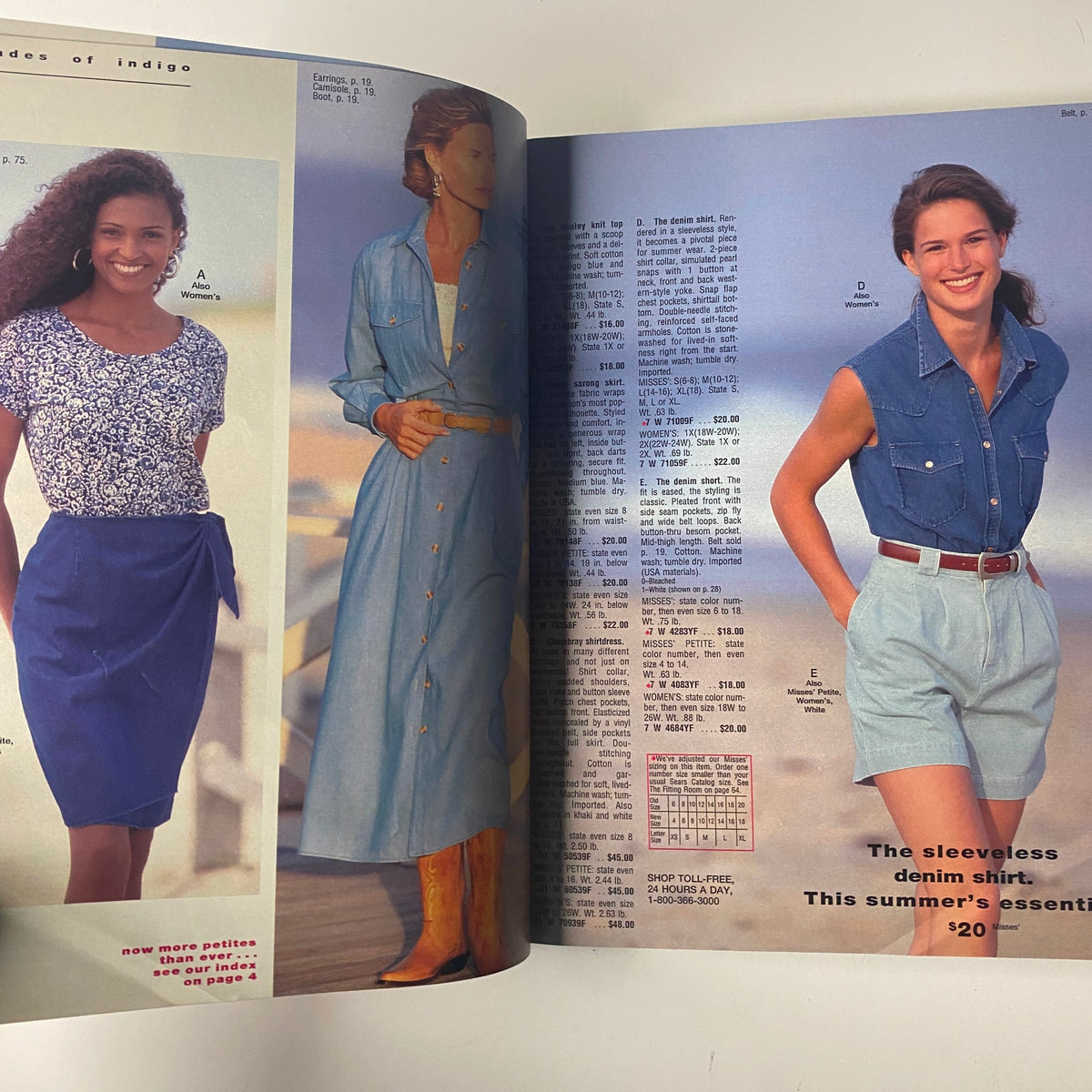 Inside page of the 1993 Sears Spring Summer Annual Catalog displaying denim shirts and summer fashion essentials worn by models.