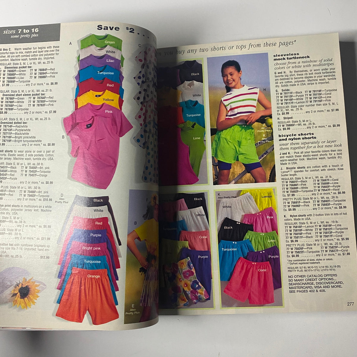 Colorful selection of shorts and tops from the 1993 Sears Spring/Summer Annual Catalog, featuring a model showcasing summer styles with vibrant colors and patterns.