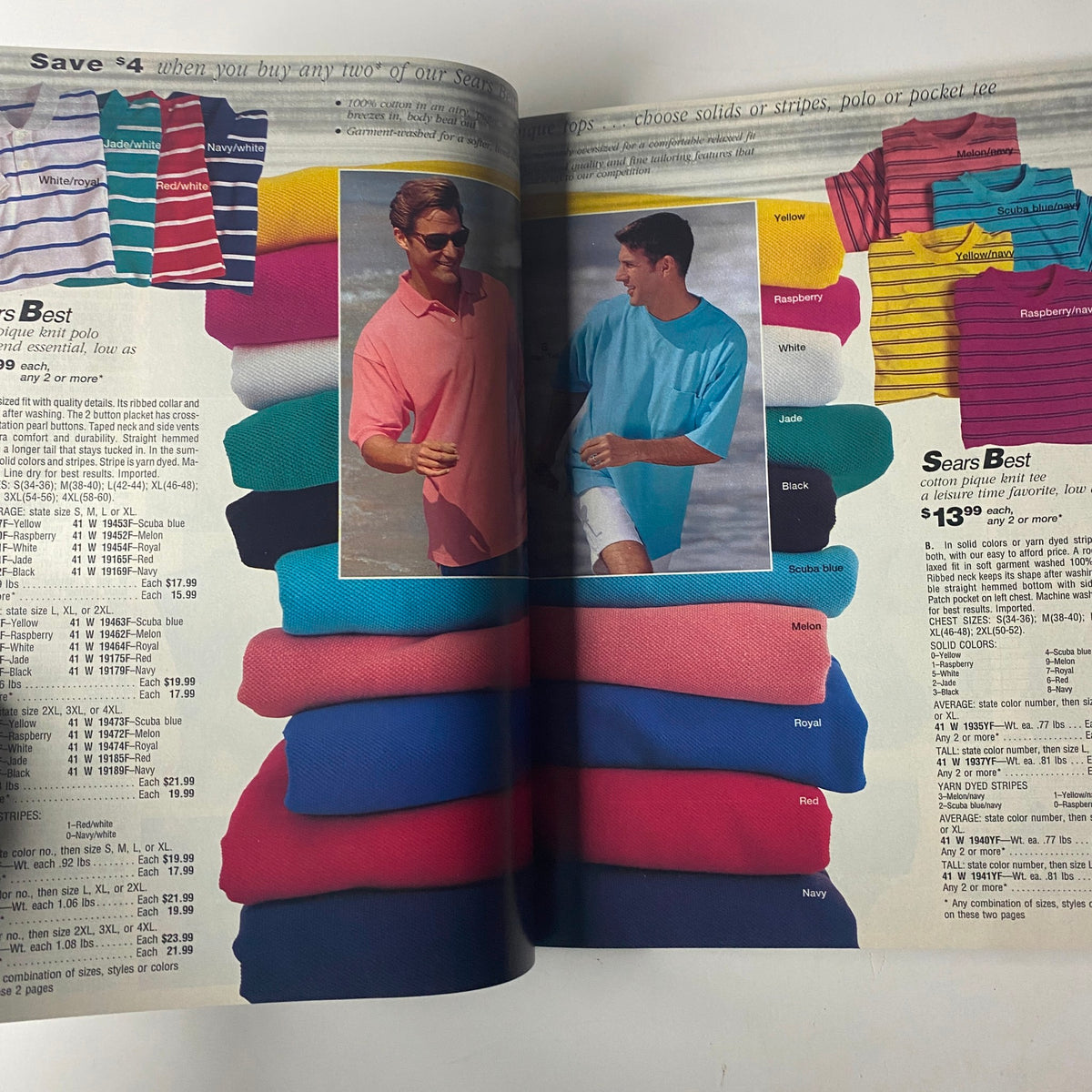 Men's polo shirts displayed in various colors along with layered fabric options from the 1993 Sears Spring/Summer Annual Catalog, emphasizing casual summer attire.