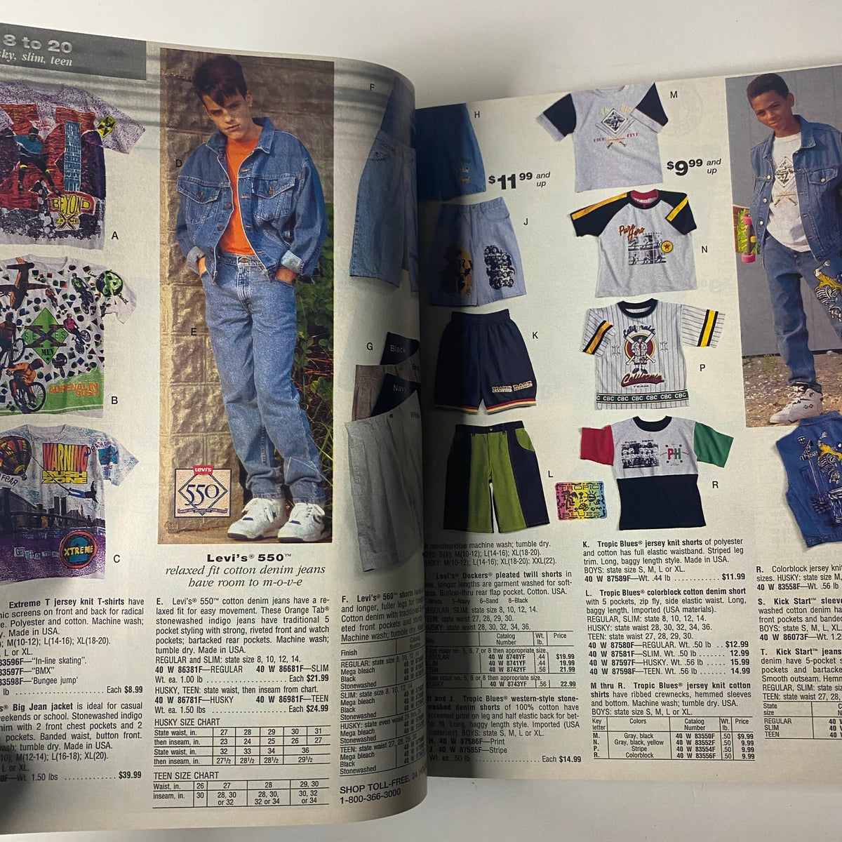 Casual denim and graphic t-shirts for boys featured in the 1993 Sears Spring/Summer Annual Catalog, showcasing retro styles and popular brands from the 1990s.