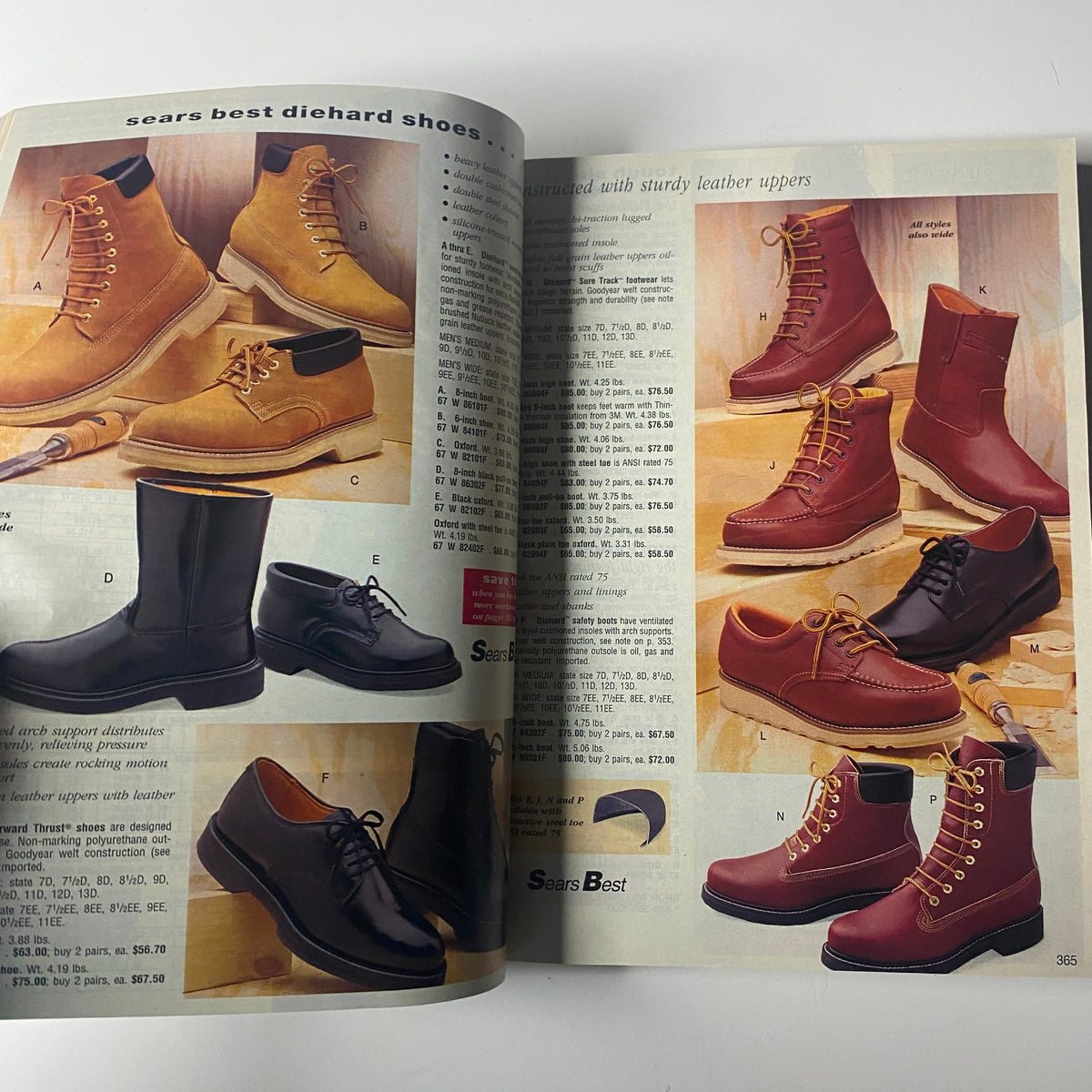 Shoe collection featuring sturdy leather boots and casual footwear from the 1993 Sears Spring/Summer Annual Catalog, highlighting durable styles for various occasions.