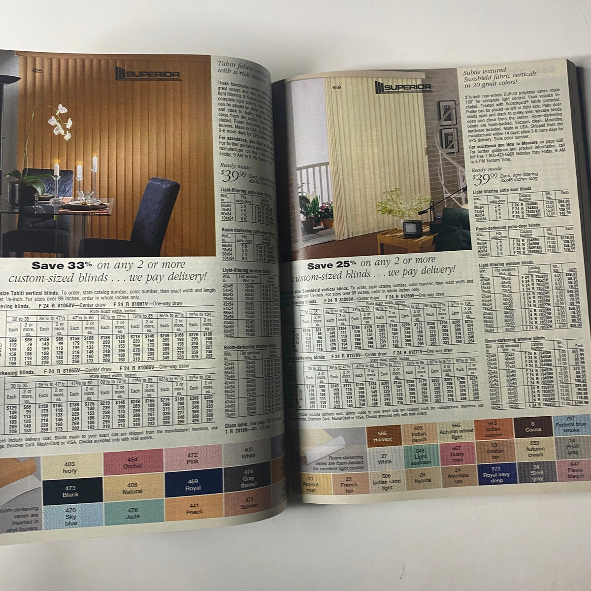 1993 Sears Spring/Summer Annual Catalog displaying vertical blinds for home windows, highlighting custom-sized options and various colors with pricing.