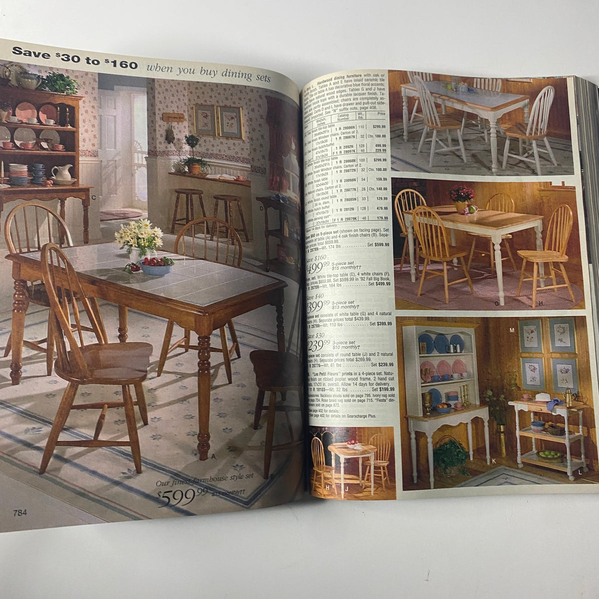 1993 Sears Spring/Summer Annual Catalog illustrating dining room furniture, featuring a selection of dining sets and decorative home accents with details on pricing.