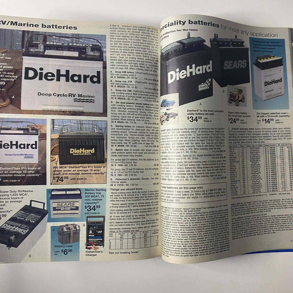 1993 Sears Spring/Summer Annual Catalog featuring RV and marine batteries, specifically DieHard brand, with product details and pricing information.
