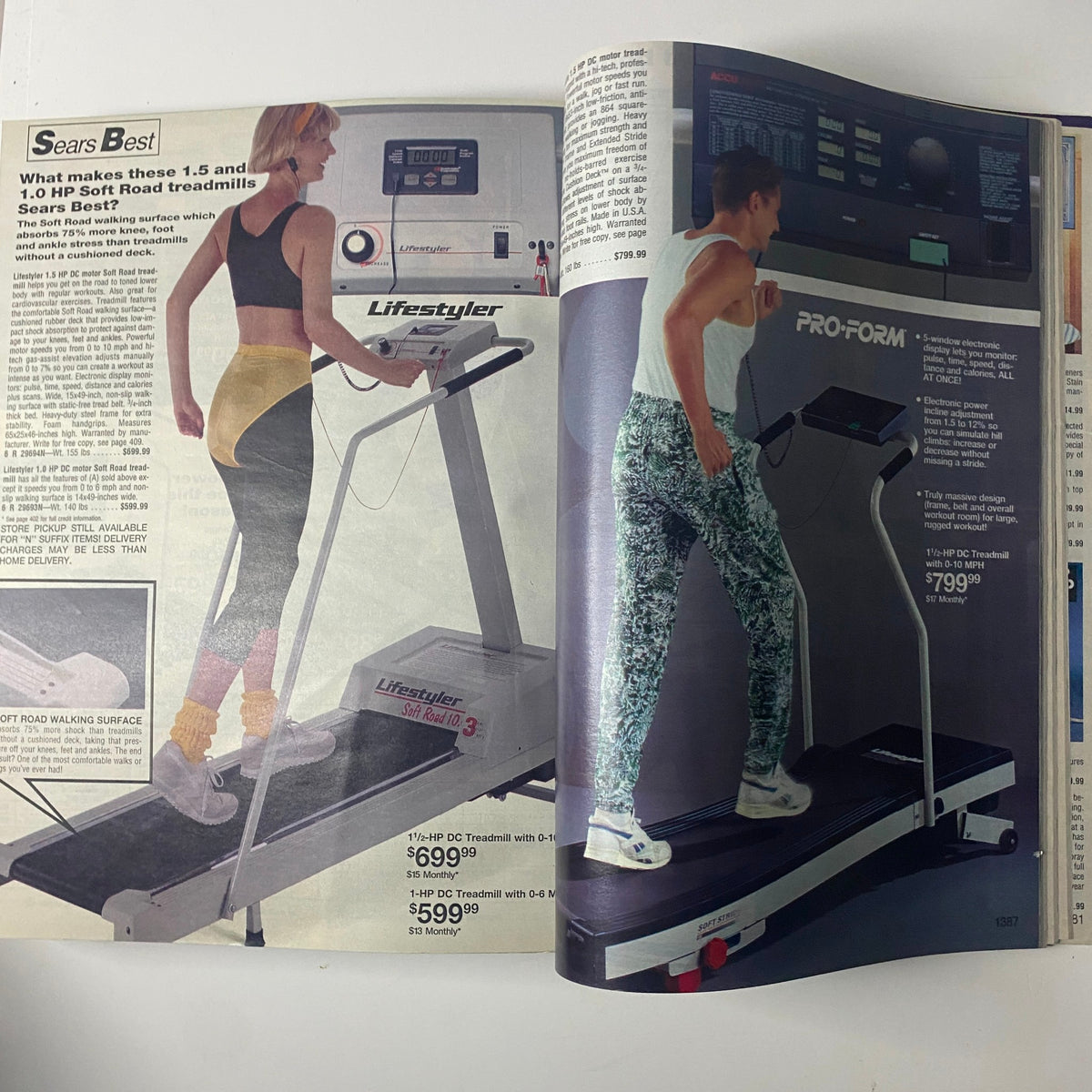 Image from the 1993 Sears Spring Summer Annual Catalog showcasing fitness equipment, featuring treadmills by Lifestyler and Pro-Form with pricing details.