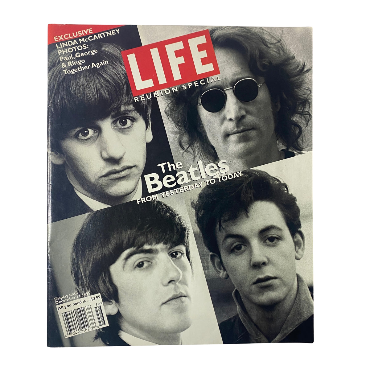 Life Magazine December 1995 The Beatles Reunion Special cover featuring iconic black and white portraits of Paul McCartney, John Lennon, George Harrison, and Ringo Starr.