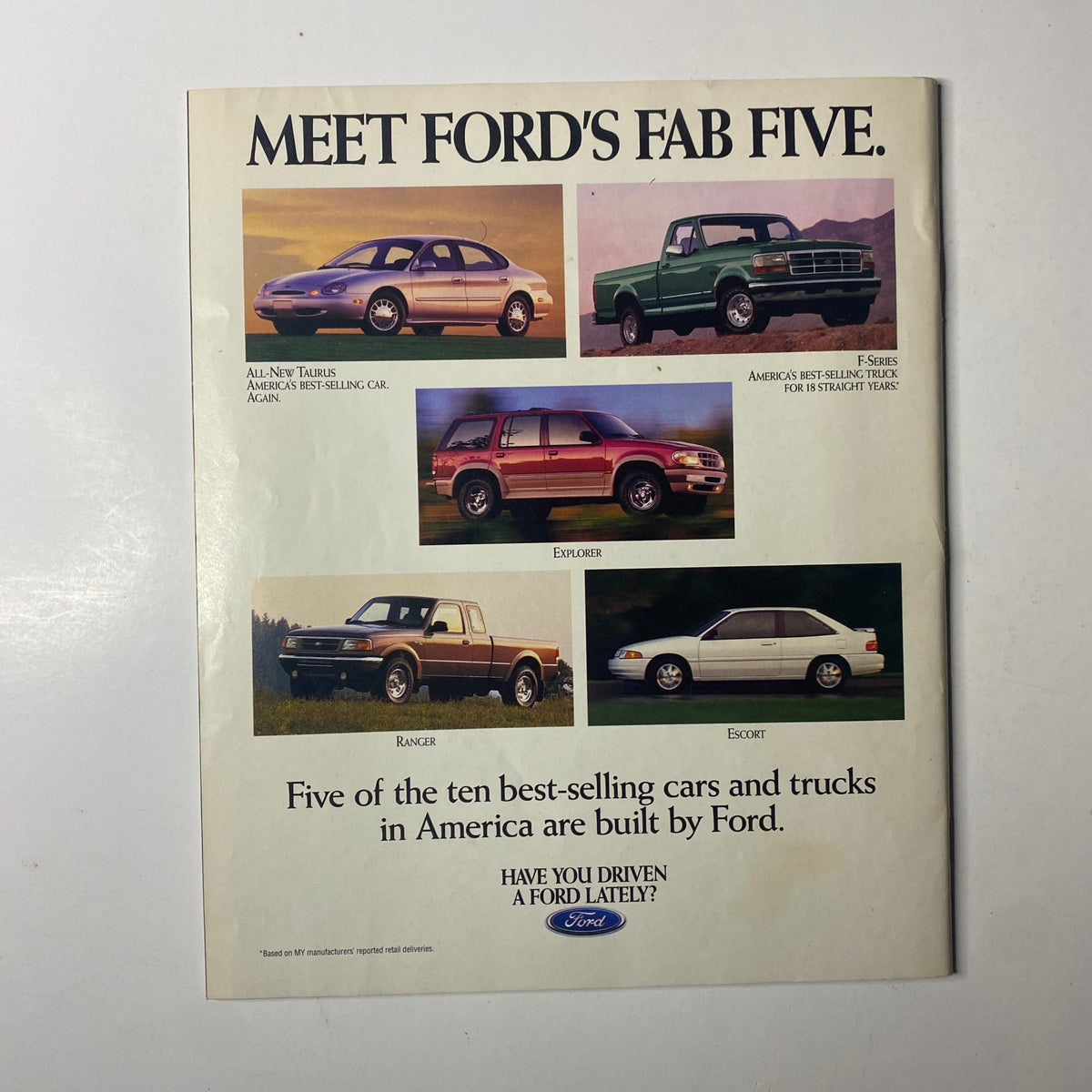 An advertisement featuring the title 'Meet Ford's Fab Five'. The image showcases five different Ford vehicles including the Explorer, Ranger, and Escort, highlighting their models as some of America's best-selling cars and trucks. This advertisement is related to the Life Magazine December 1995 The Beatles Reunion Special No Label VG.