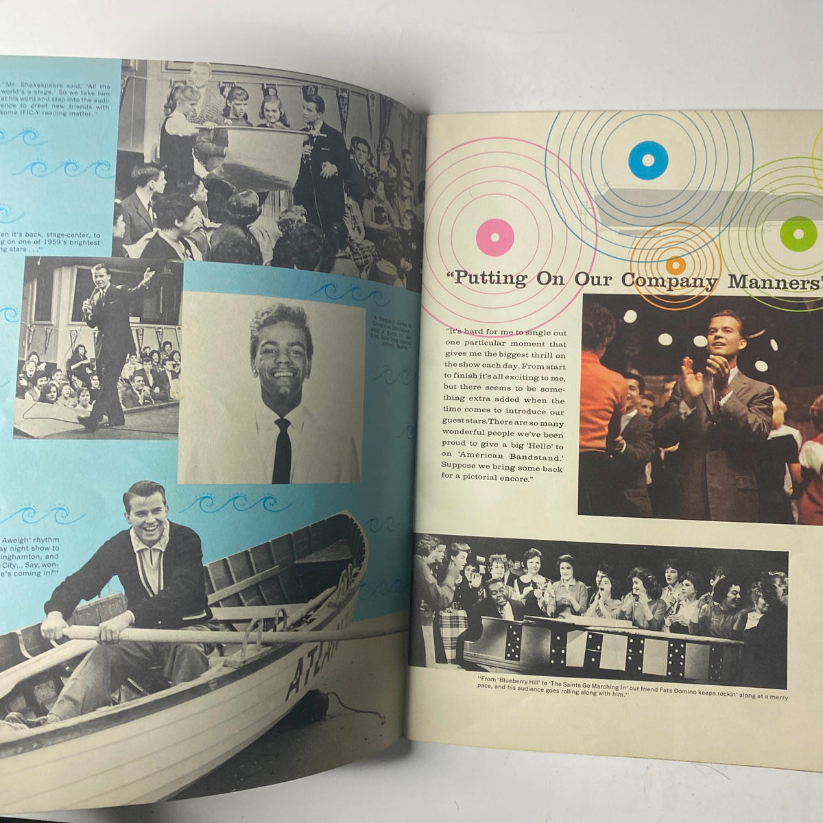 Inside pages of the 1959 Dick Clark Official American Bandstand Picture Yearbook showcasing images of performances and events.