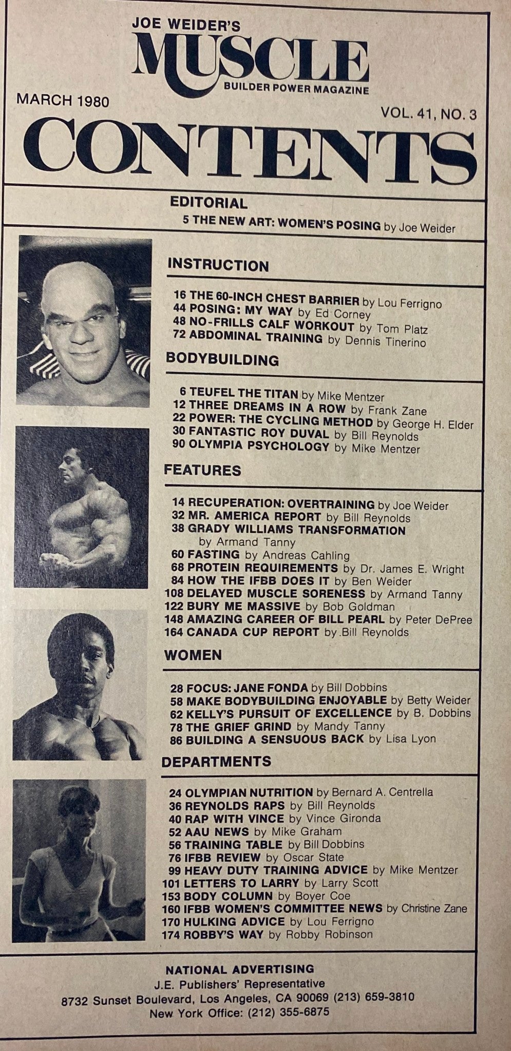 Table of contents for Joe Weider’s Muscle Builder Power Magazine – March 1980, including articles on bodybuilding techniques and profiles.