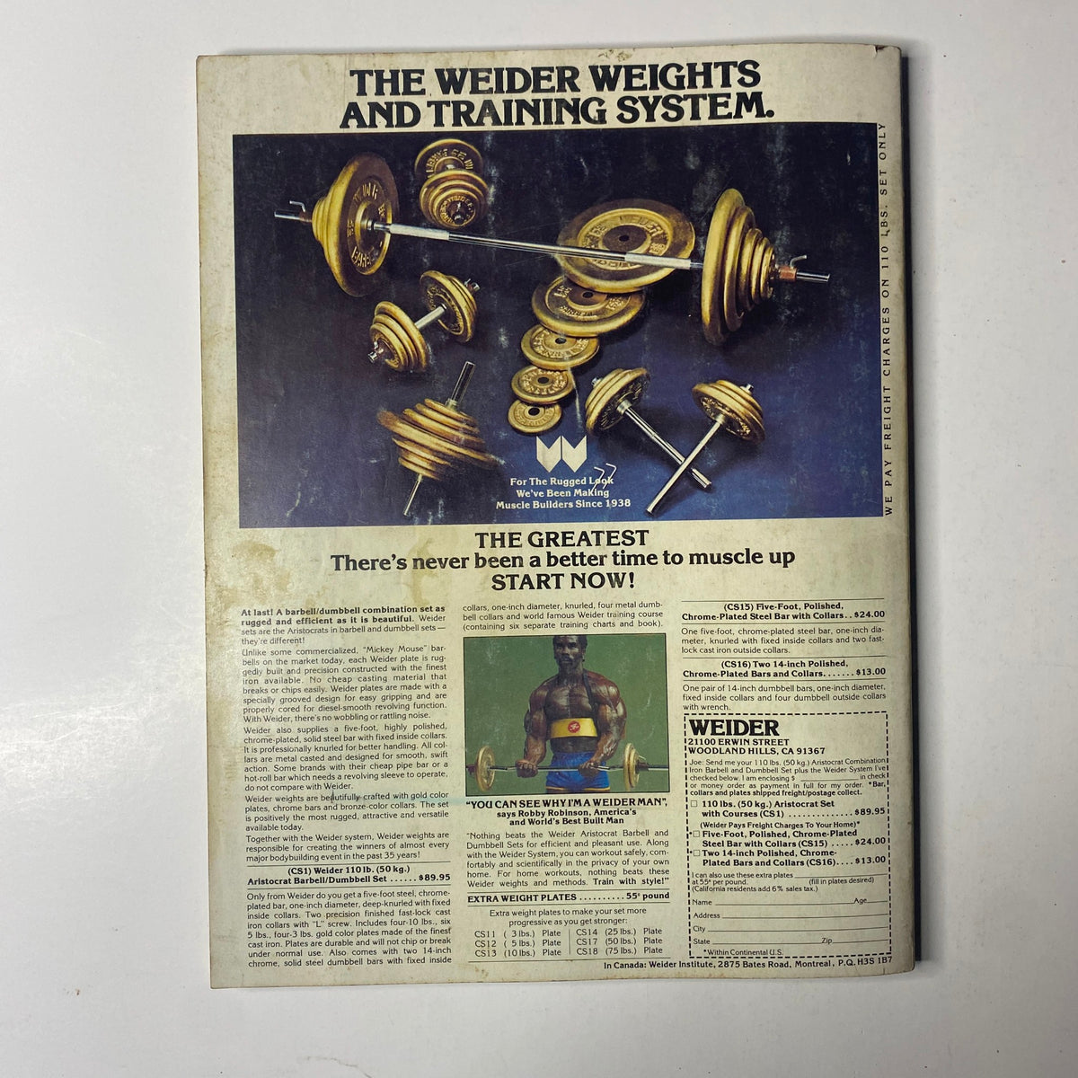 The Weider Weights and Training System advertisement from Joe Weider’s Muscle Builder Power Magazine March 1980 featuring an assortment of weight plates and barbells, promoting bodybuilding equipment and fitness training.
