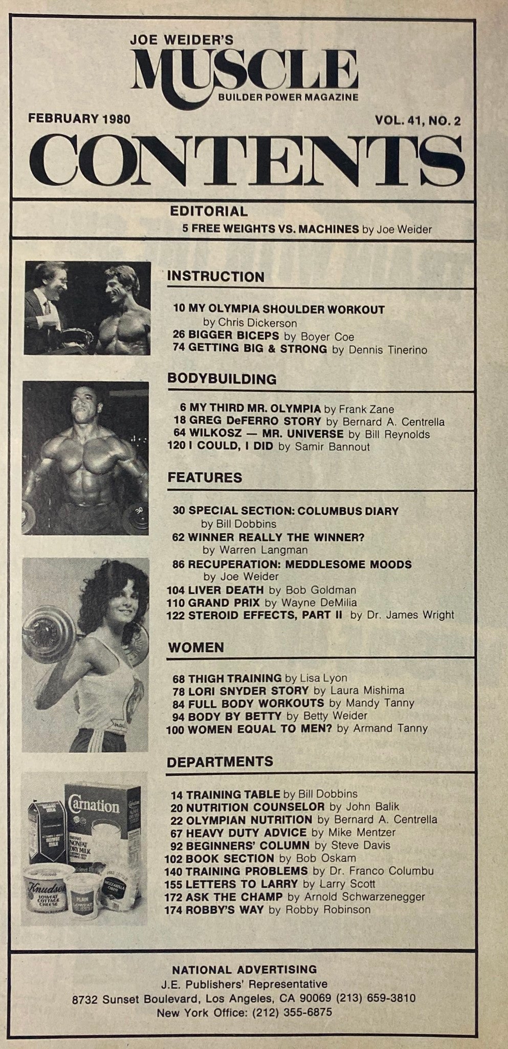 Table of contents from Joe Weider’s Muscle Builder Power Magazine February 1980, detailing key articles including Frank Zane's account of winning Mr. Olympia and training tips for bodybuilders.