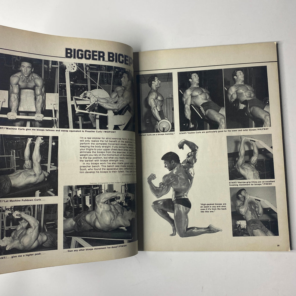 Pages from Joe Weider’s Muscle Builder Power Magazine February 1980 highlighting exercises for bigger biceps with photographs demonstrating various techniques and workouts.