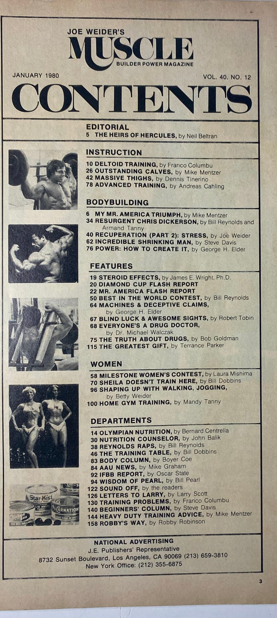 Contents page of Joe Weider’s Muscle Builder Power Magazine January 1980, detailing articles and features on bodybuilding, including contributions from Franco Columbu and Mike Mentzer.