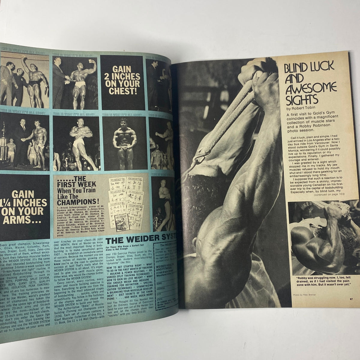 Inside pages of Joe Weider’s Muscle Builder Power Magazine January 1980 showcasing various bodybuilding techniques and photographs of athletes.