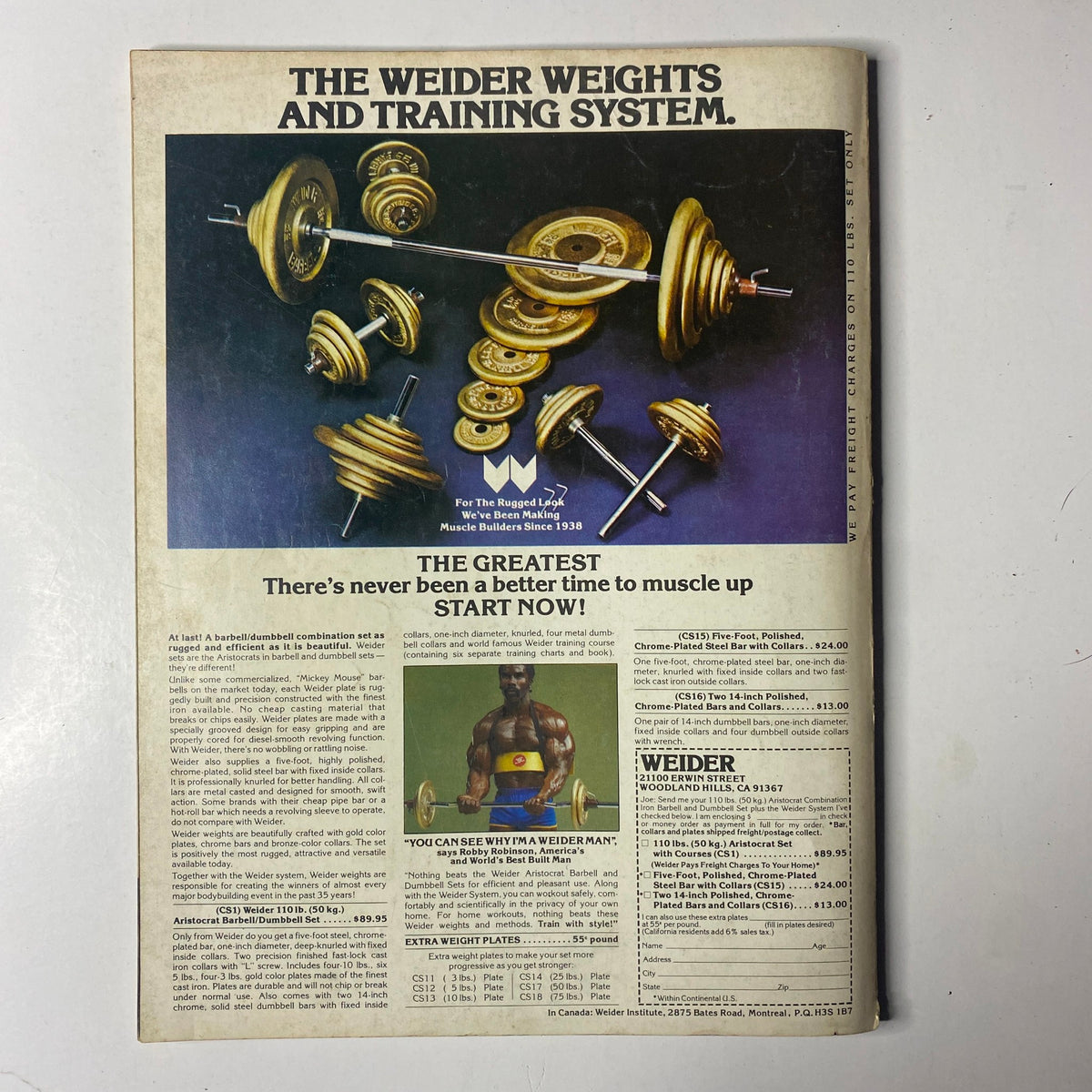 Back cover of Joe Weider’s Muscle Builder Power Magazine January 1980 promoting the Weider weights and training system, emphasizing fitness and bodybuilding equipment.
