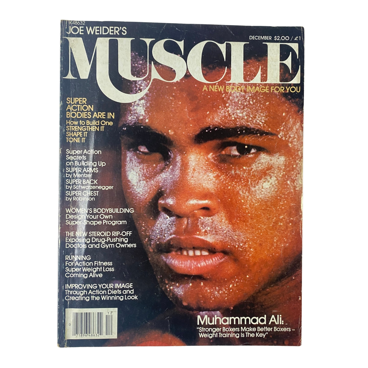 Joe Weider’s Muscle Builder Power Magazine December 1979 featuring Muhammad Ali on the cover, highlighting bodybuilding insights and a tribute to the boxing legend. Vintage fitness magazine for collectors.