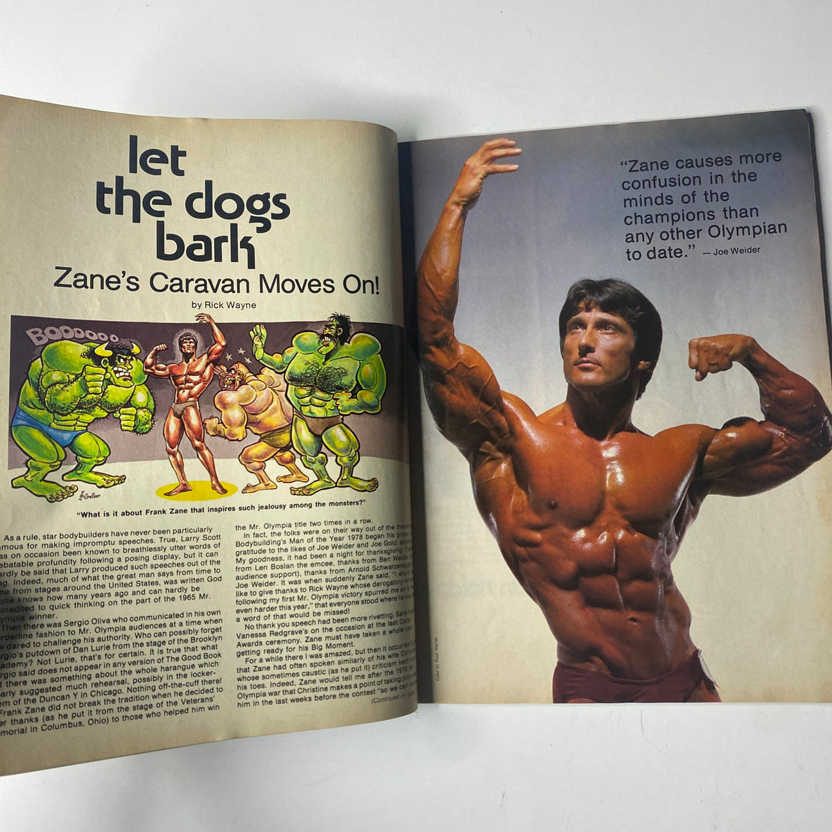 Page from Joe Weider’s Muscle Builder Power Magazine August 1979 featuring an article titled 'Zane's Caravan' by Rick Wayne, showcasing dynamic illustrations and bodybuilders, emphasizing the influence of Frank Zane in bodybuilding.