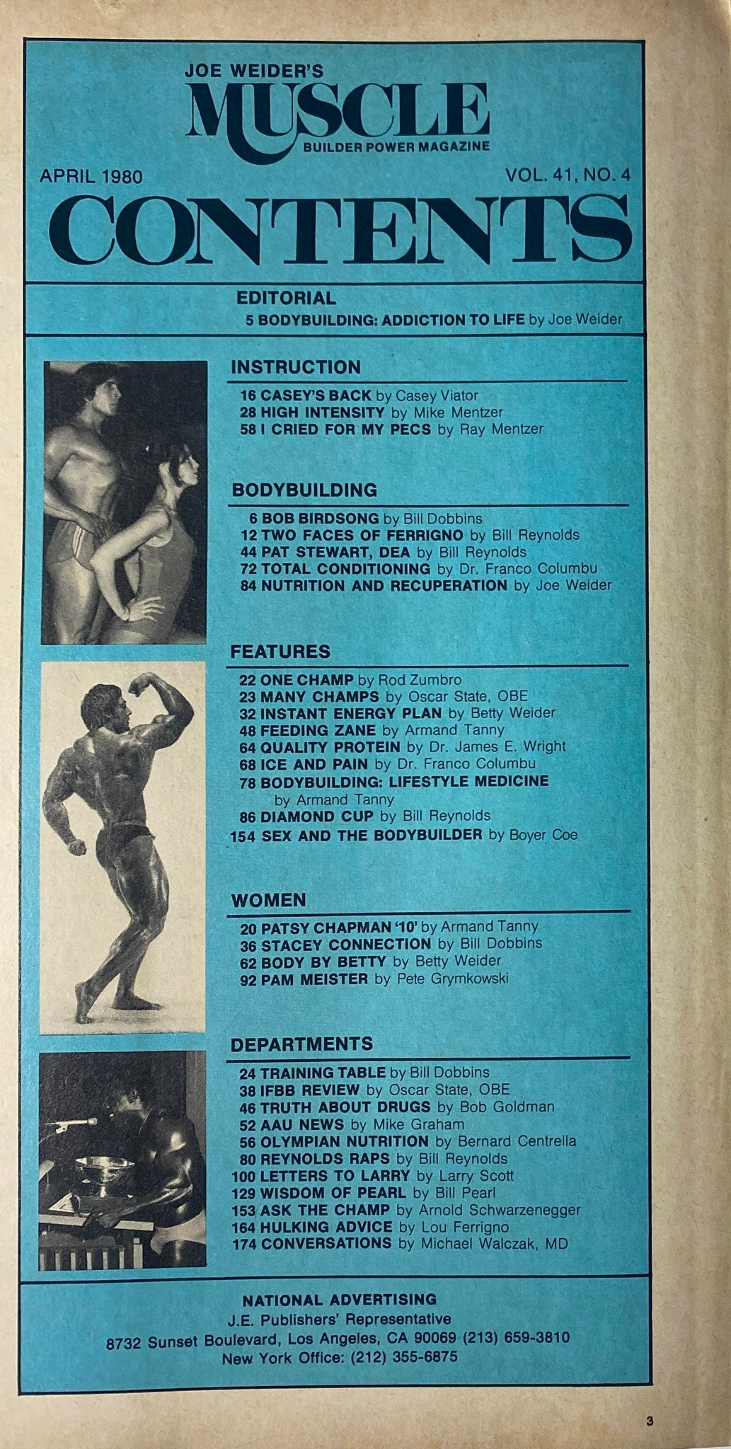Table of contents for Joe Weider’s Muscle Builder Power Magazine April 1980, outlining key articles including 'High Intensity' and 'Two Faces of Ferrigno'.