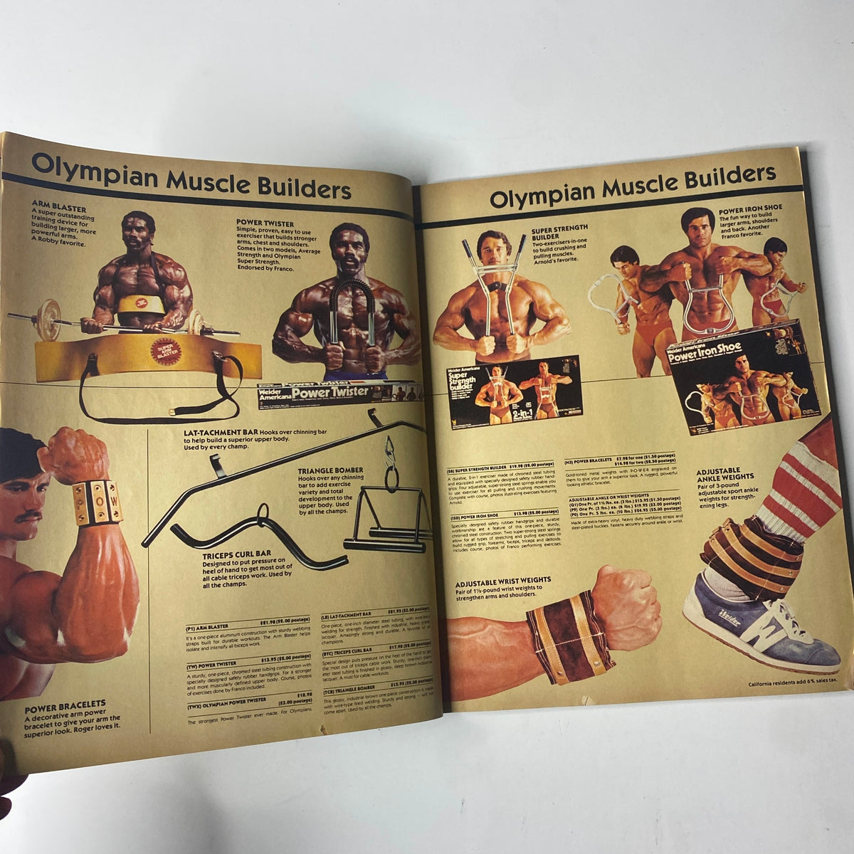 Inside spread of Joe Weider’s Muscle Builder Power Magazine May 1980 highlighting various bodybuilding equipment and exercises, depicting the Olympian Muscle Builders.