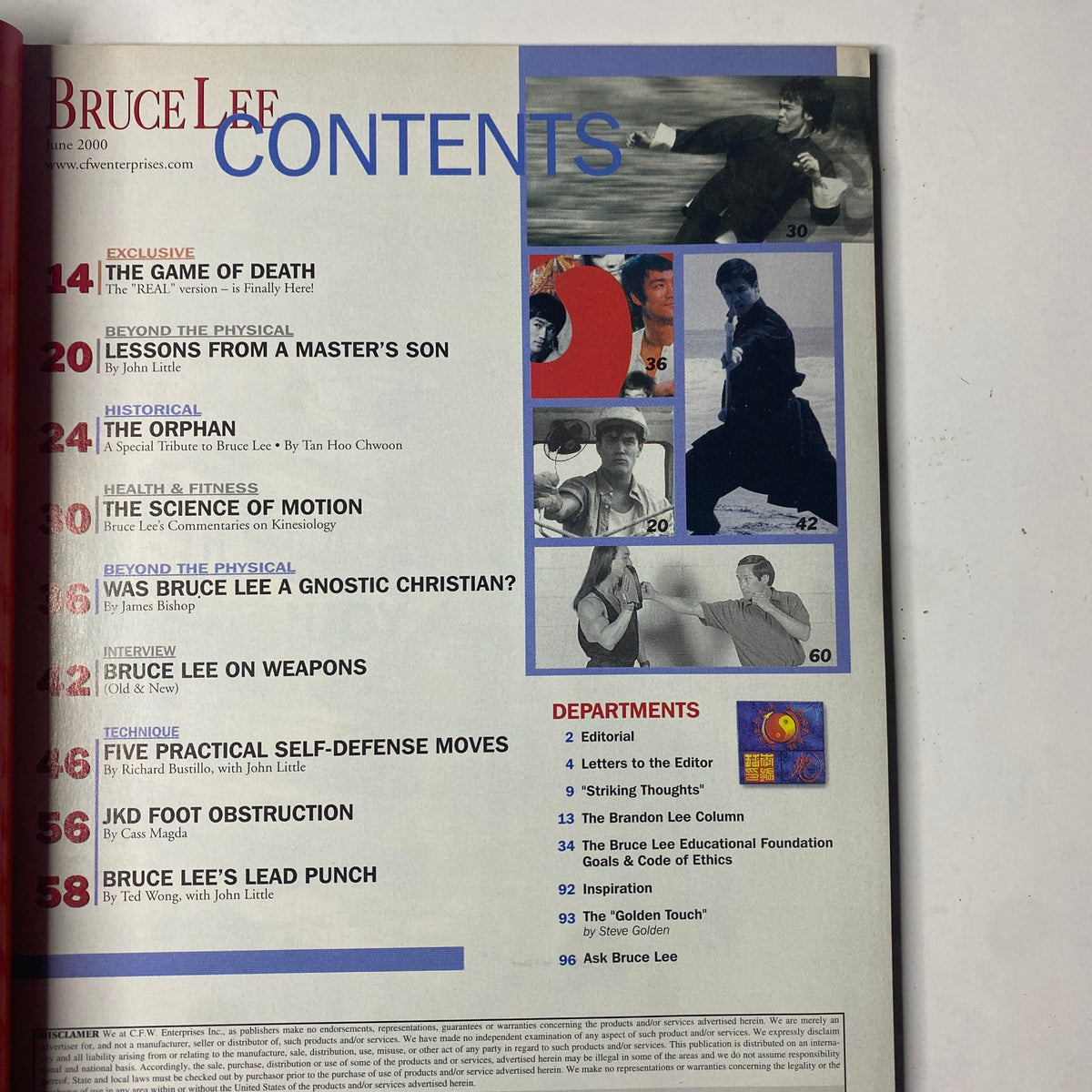 Contents page of the Bruce Lee Magazine June 2000, outlining articles like 'The Game of Death', 'The Orphan', and interviews.