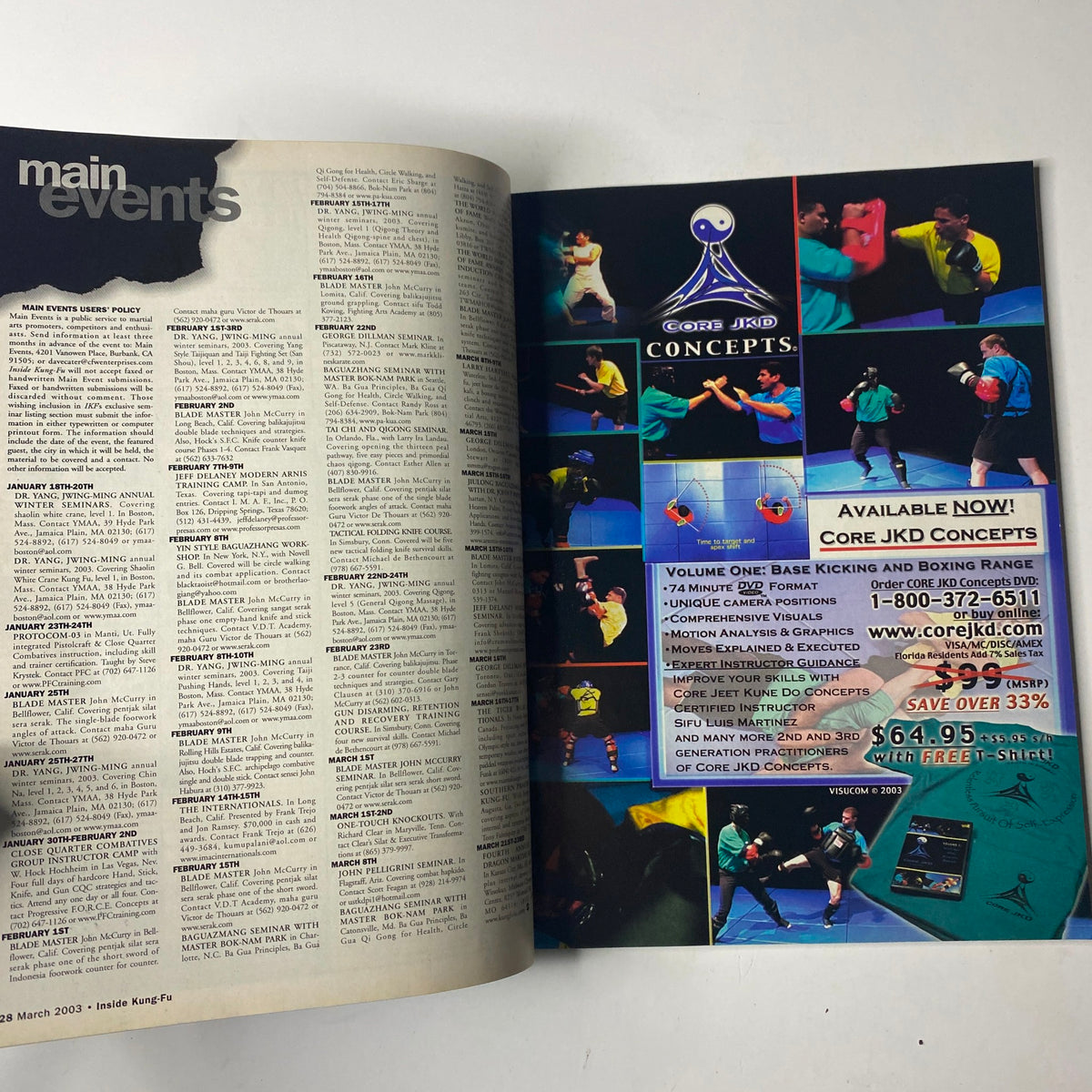 Inside Kung-Fu Magazine March 2003 showcasing the 'Main Events' section with advertisements for martial arts training programs and services, emphasizing various martial arts concepts.