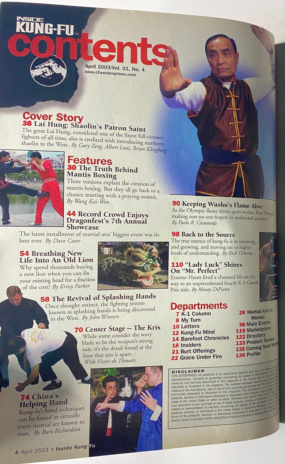 Contents page of Inside Kung-Fu Magazine April 2003 showcasing Lai Hung, Shaolin's Patron Saint as the cover story along with various articles on martial arts topics.