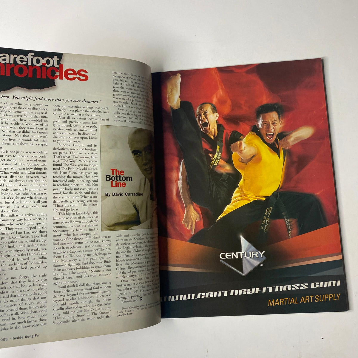Inside Kung-Fu Magazine April 2003 features a page titled 'Barefoot Chronicles' with an article by David Carnidlle, showcasing martial arts expertise and insights.