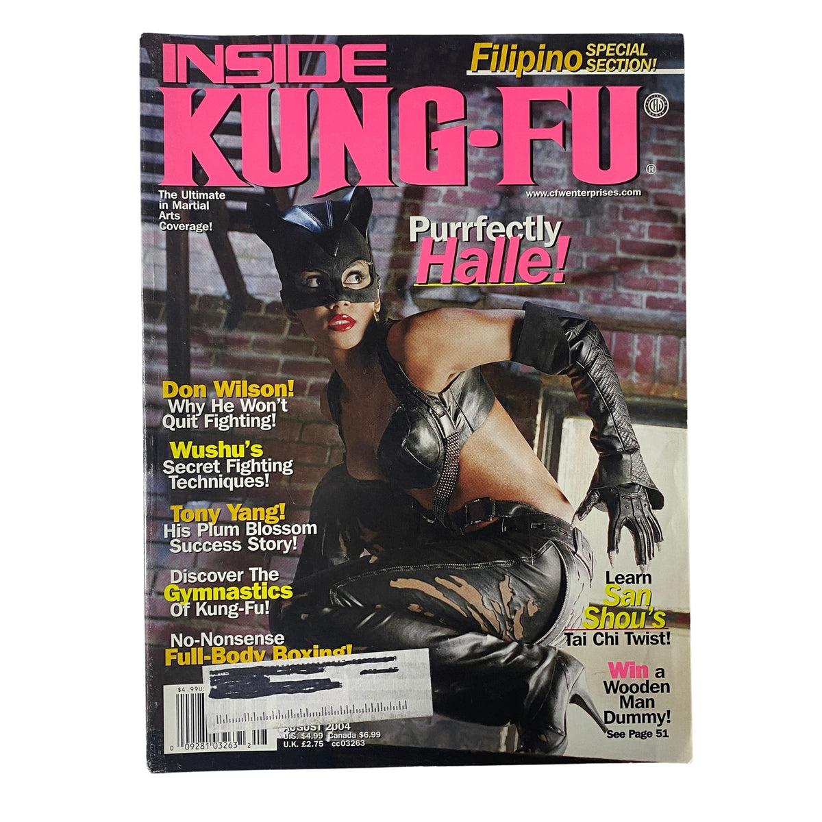 Inside Kung-Fu Magazine August 2004 featuring Halle Berry on the cover, showcasing her role as Catwoman and martial arts choreography.