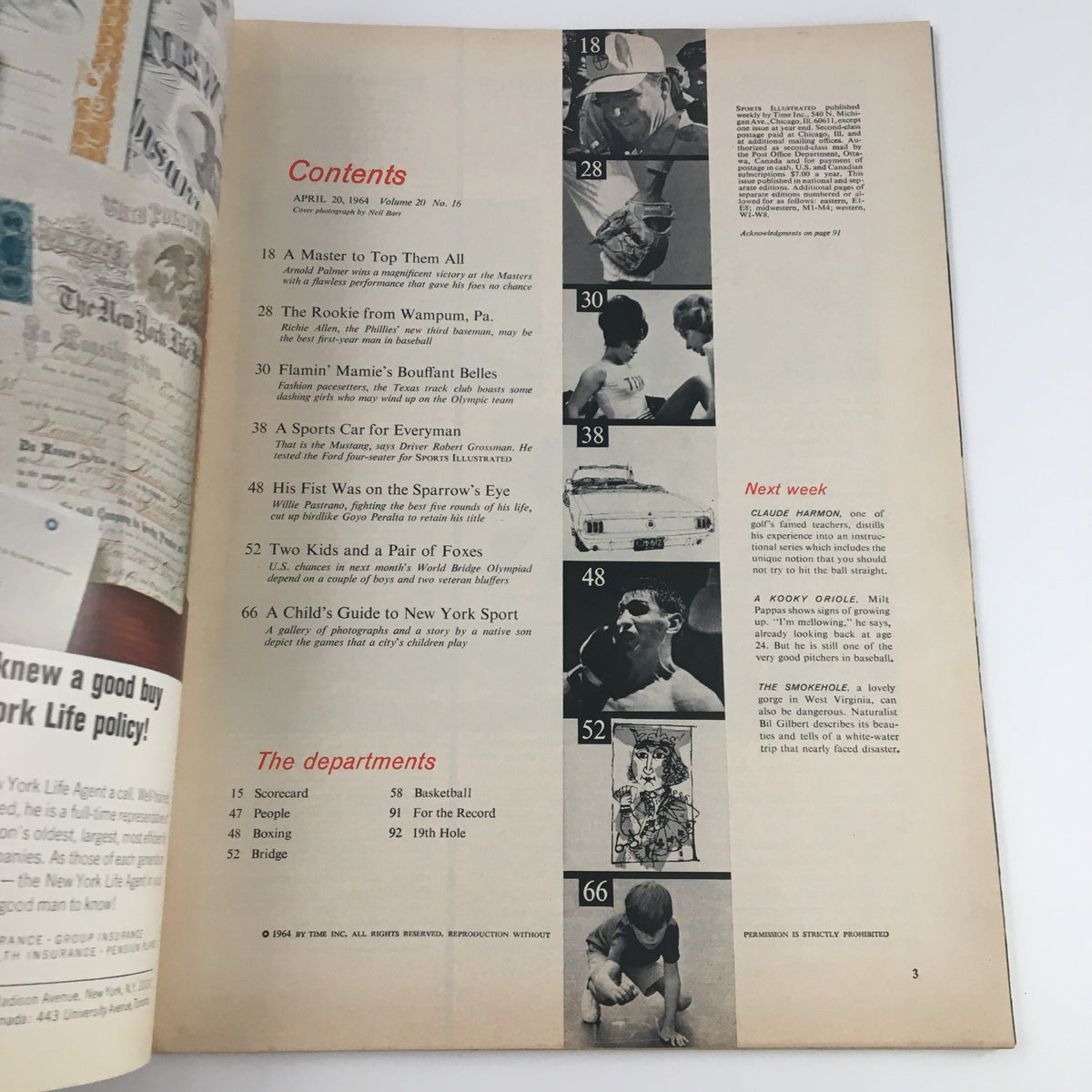 Contents page of Sports Illustrated Magazine from April 20, 1964, showcasing articles and features including 'Texas Girls Aim For Tokyo'.