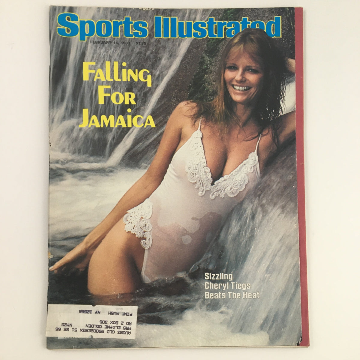 Cover of Sports Illustrated Magazine February 14, 1983, featuring supermodel Cheryl Tiegs in a swimsuit, embodying the allure of Jamaica, with a waterfall backdrop.