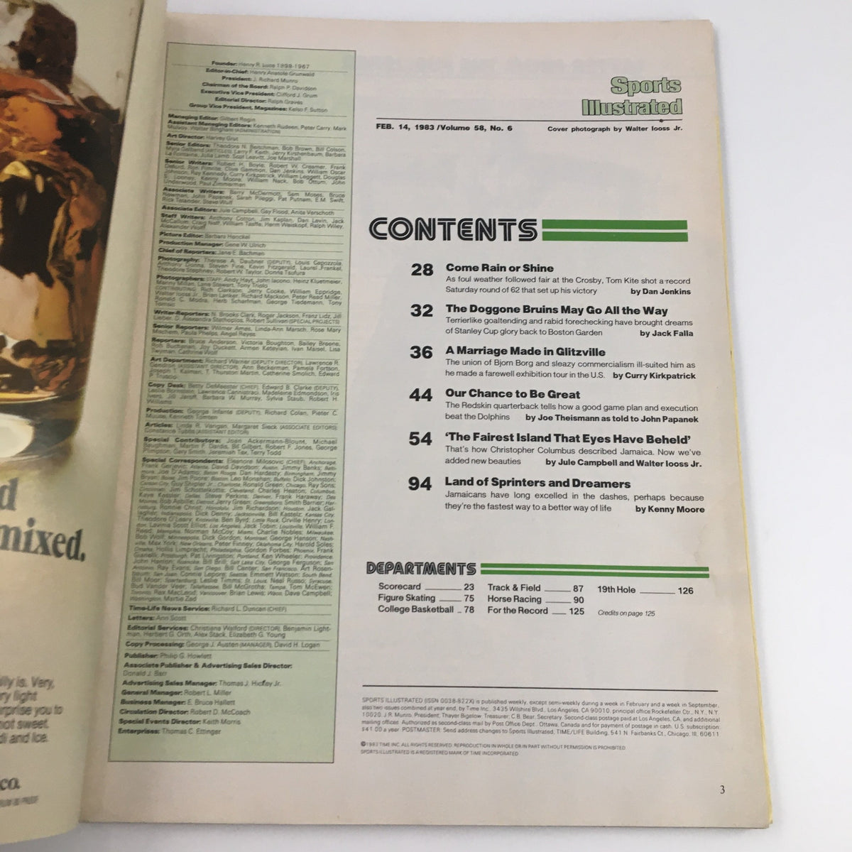 Inside page of Sports Illustrated Magazine February 14, 1983, showcasing the table of contents with various sports topics, including features on basketball and the Doggone Bruins.