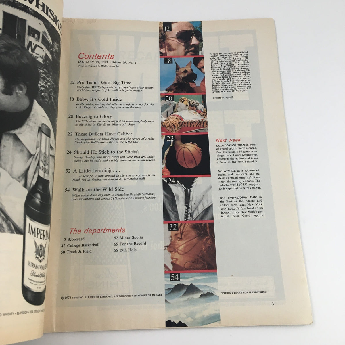 Inside page of Sports Illustrated Magazine January 29, 1973, displaying the table of contents with featured articles on pro tennis, basketball, and more, reflecting the diverse sports landscape of the era.