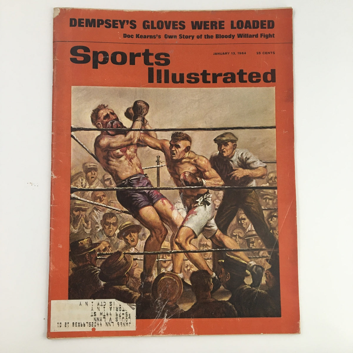 Cover of Sports Illustrated Magazine January 13 1964, featuring a boxing match related to Jack Dempsey's loaded gloves controversy.