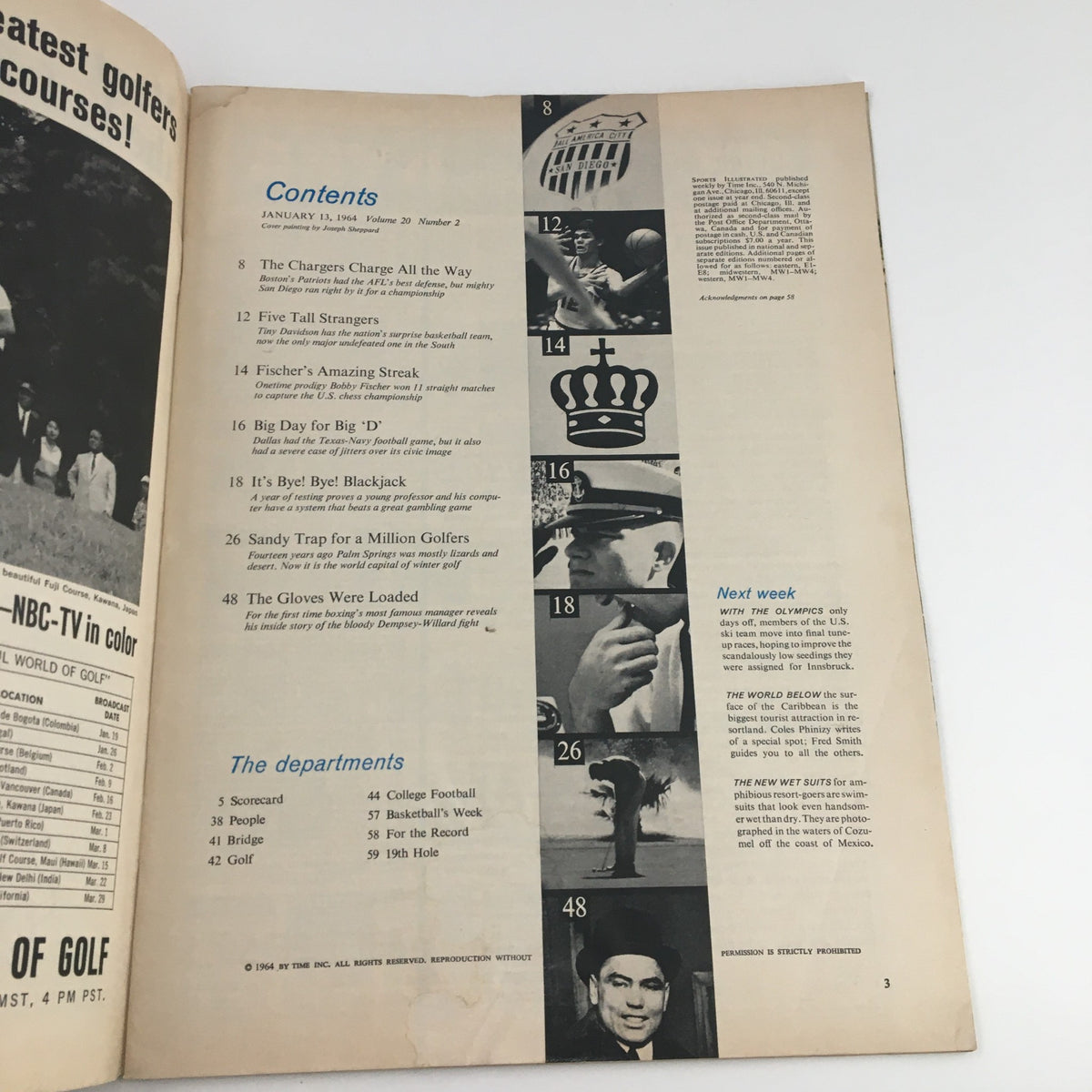 Contents page of Sports Illustrated Magazine January 13 1964, including the feature on Jack Dempsey's loaded gloves in boxing.