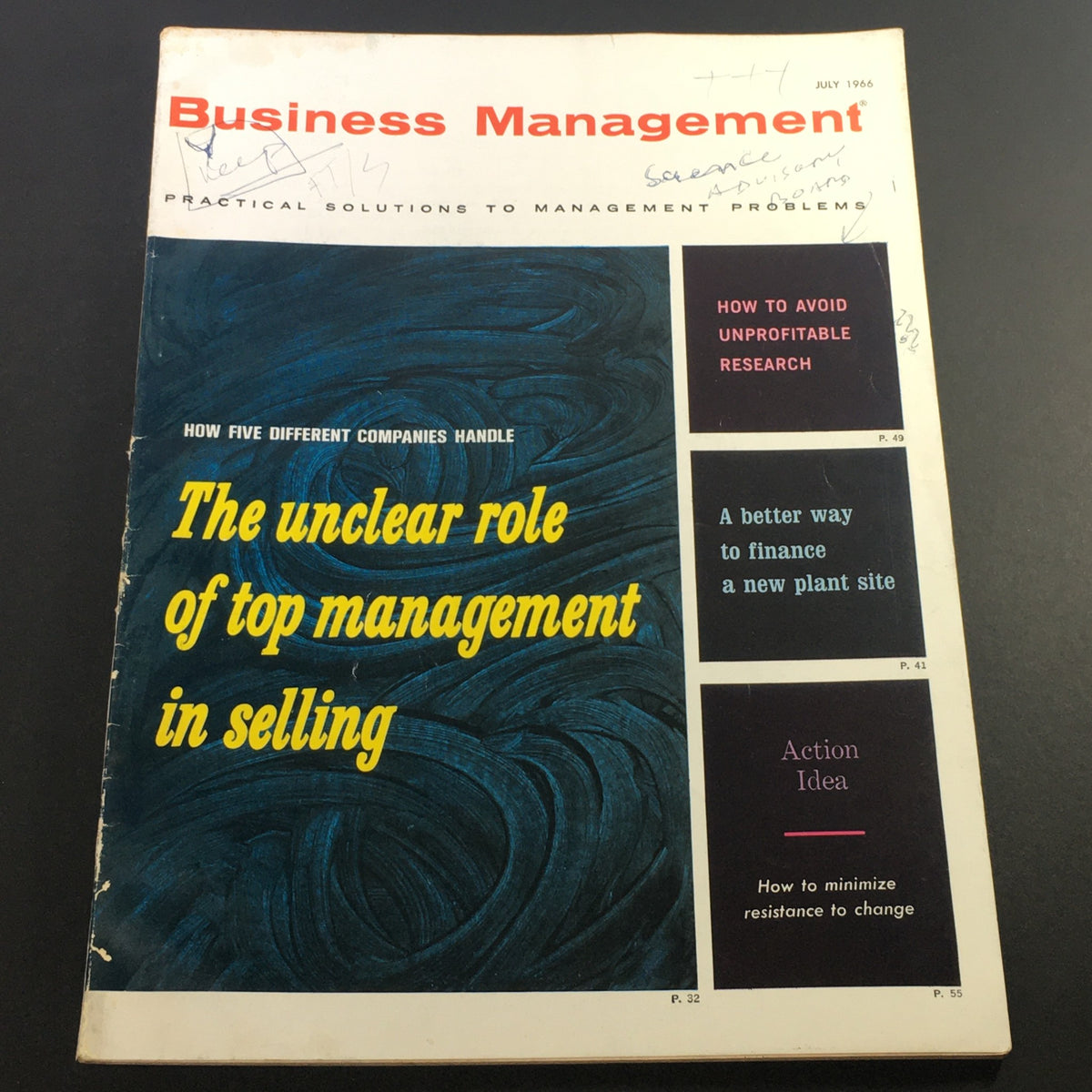 Cover page of VTG Business Management Magazine July 1966 featuring the title 'How To Avoid Unprofitable Research' with colorful graphics and handwritten notes.