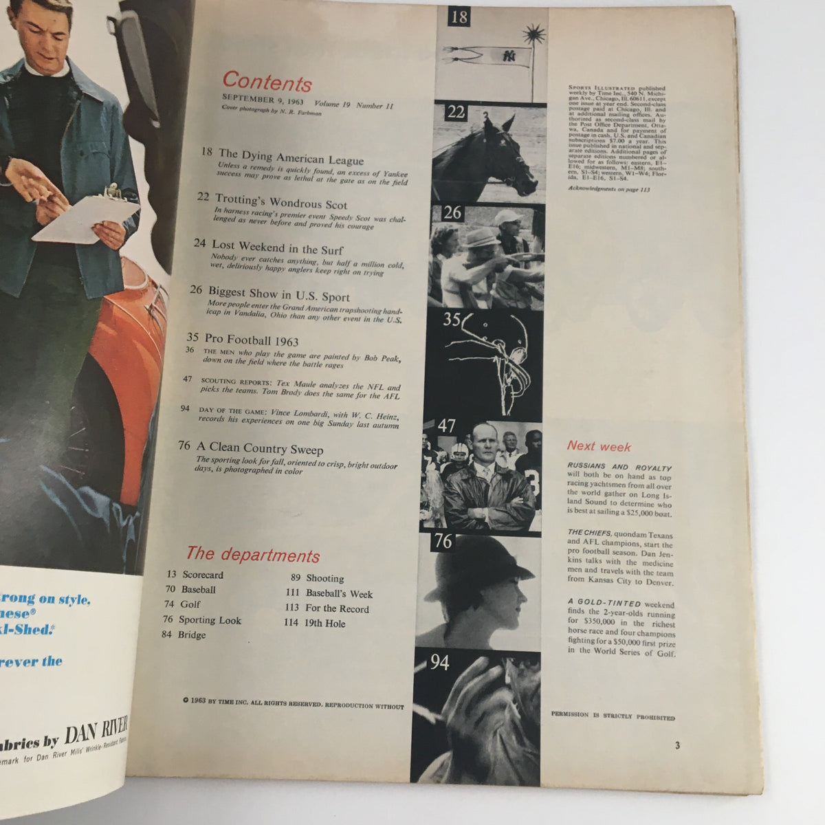 Inside contents page of the Sports Illustrated Magazine from September 9, 1963, showcasing various articles including Pro Football 1963.