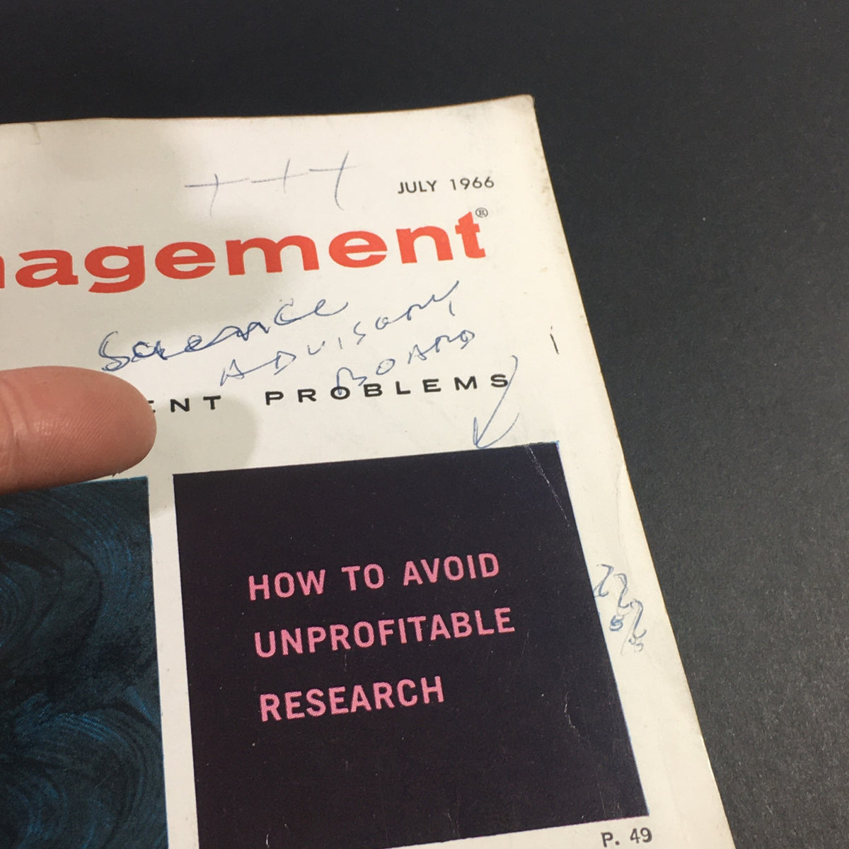 Another angle of the VTG Business Management Magazine July 1966, highlighting the cover title 'How To Avoid Unprofitable Research' with some handwritten annotations.