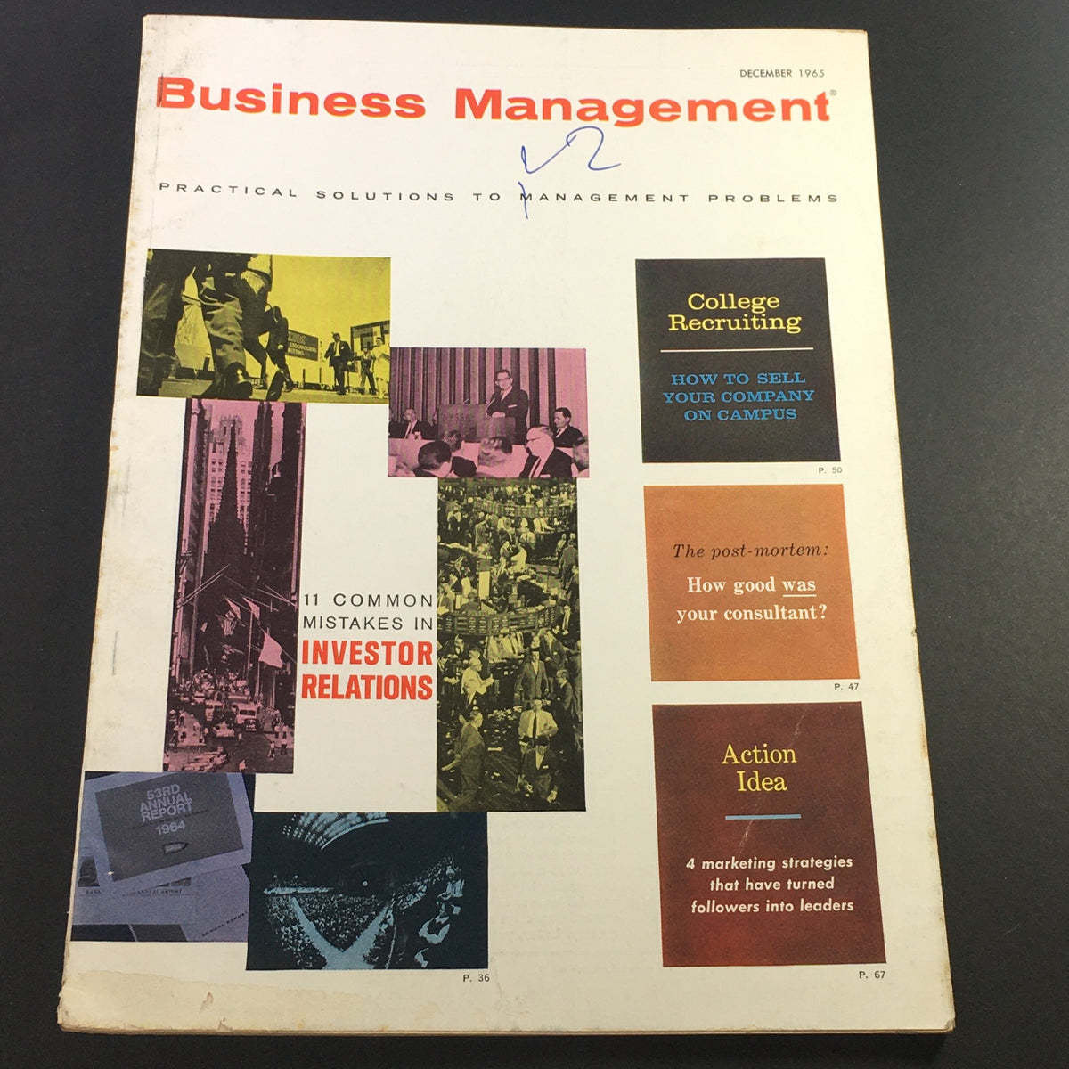 Cover of VTG Business Management Magazine, December 1965, featuring the title 'Business Management' and highlighting '11 Common Mistakes in Investor Relations'. Includes visuals related to corporate settings and articles on college recruiting and consultancy performance.
