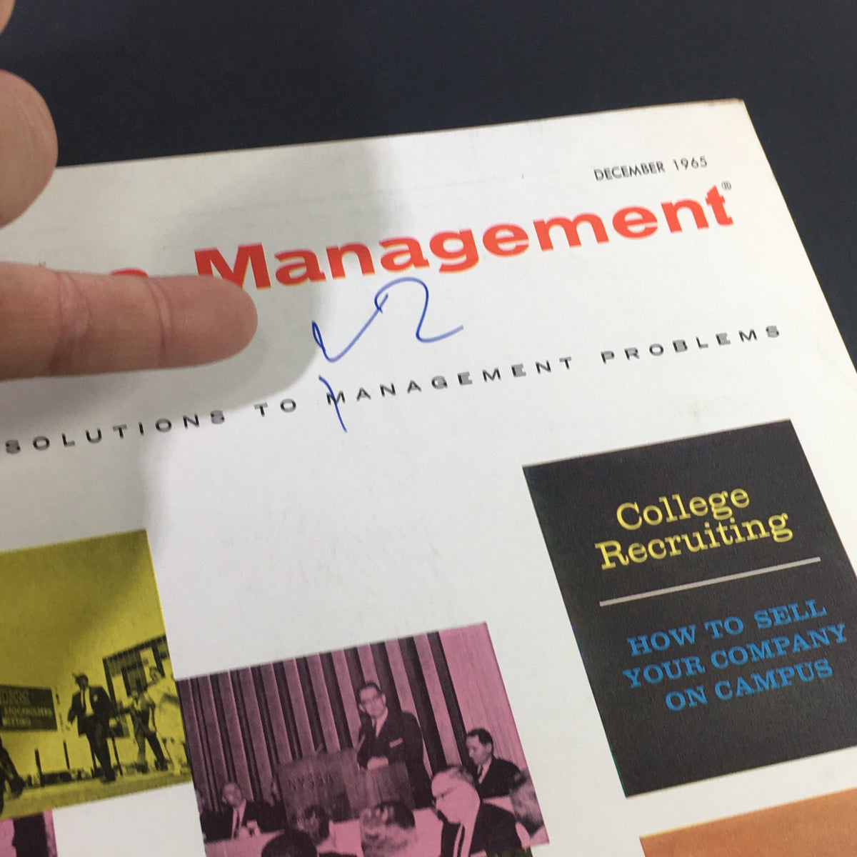 Cover of VTG Business Management Magazine December 1965 featuring a focus on investor relations and solutions to management problems, showing a handwritten note and various graphics related to business strategies.