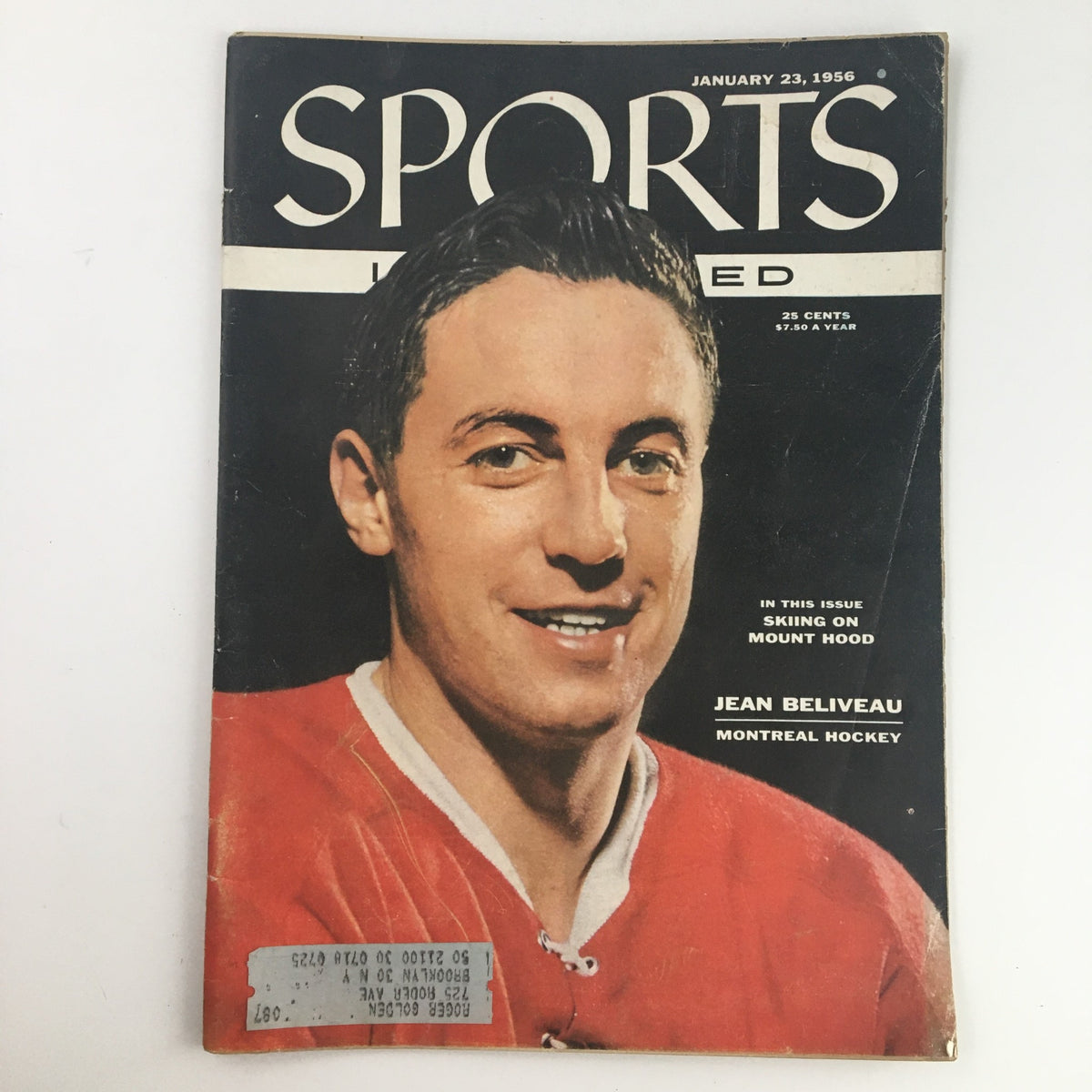 Sports Illustrated Magazine January 23 1956 featuring Jean Beliveau of Montreal Hockey, showcasing the cover image with a classic vintage design and a smiling athlete in hockey attire.