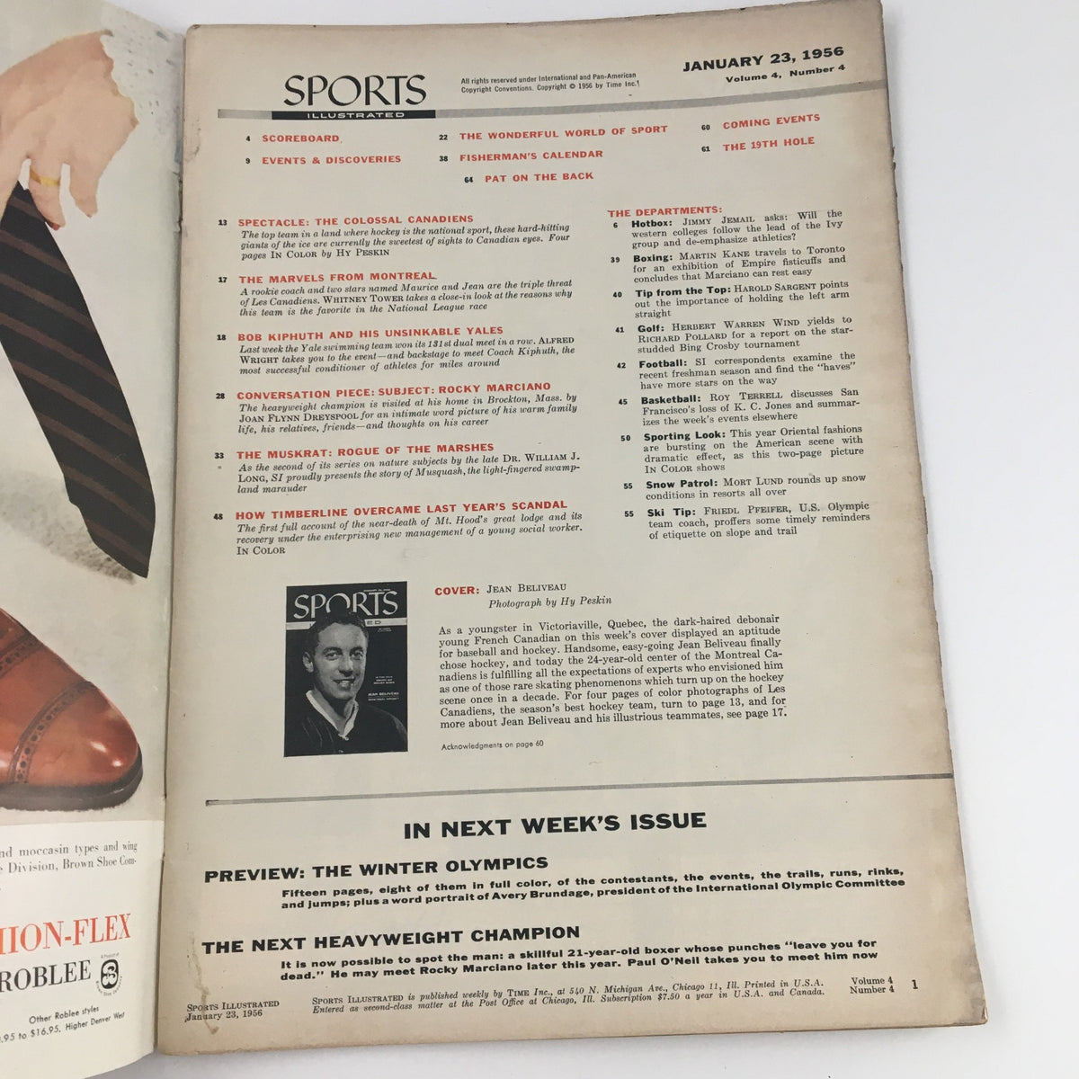 Sports Illustrated Magazine January 23 1956 showing the table of contents featuring Jean Beliveau from Montreal Hockey, capturing highlights of sports articles and upcoming features.