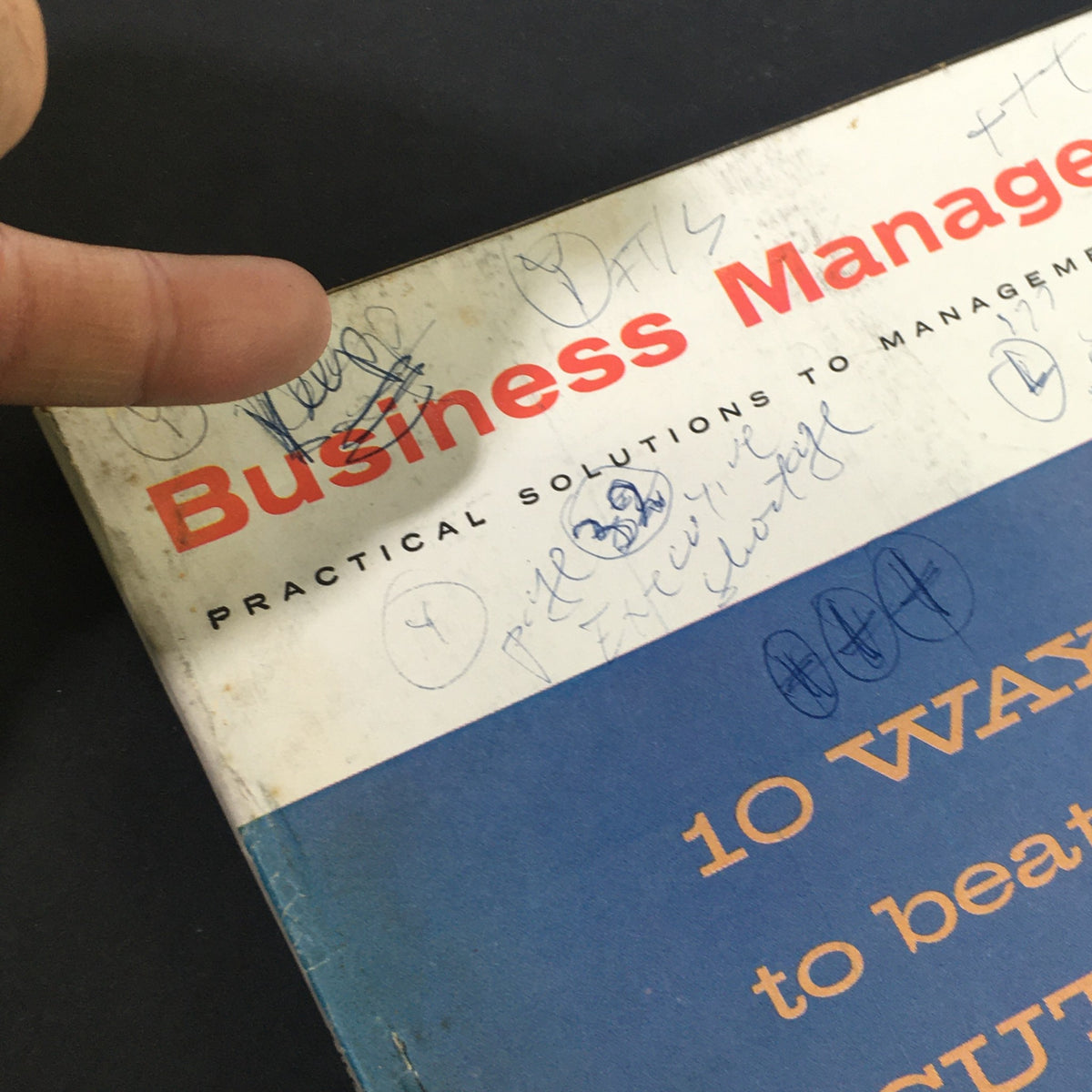 Close-up of the top portion of the VTG Business Management Magazine February 1967 cover, highlighting the title and handwritten notes related to the content topic.