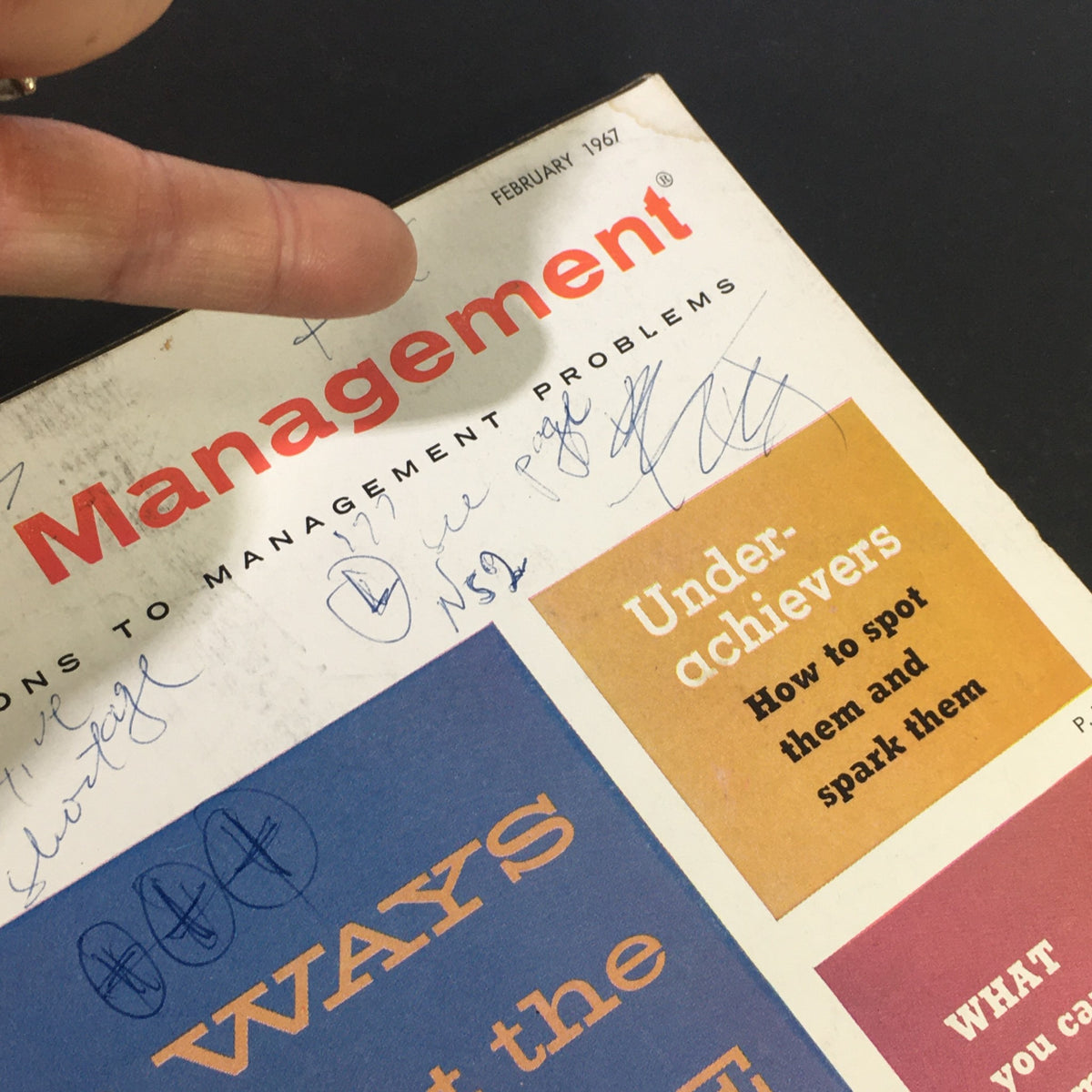 Detailed view of the header area of the VTG Business Management Magazine February 1967, displaying the month, year, and themes such as underachievers and management problems.