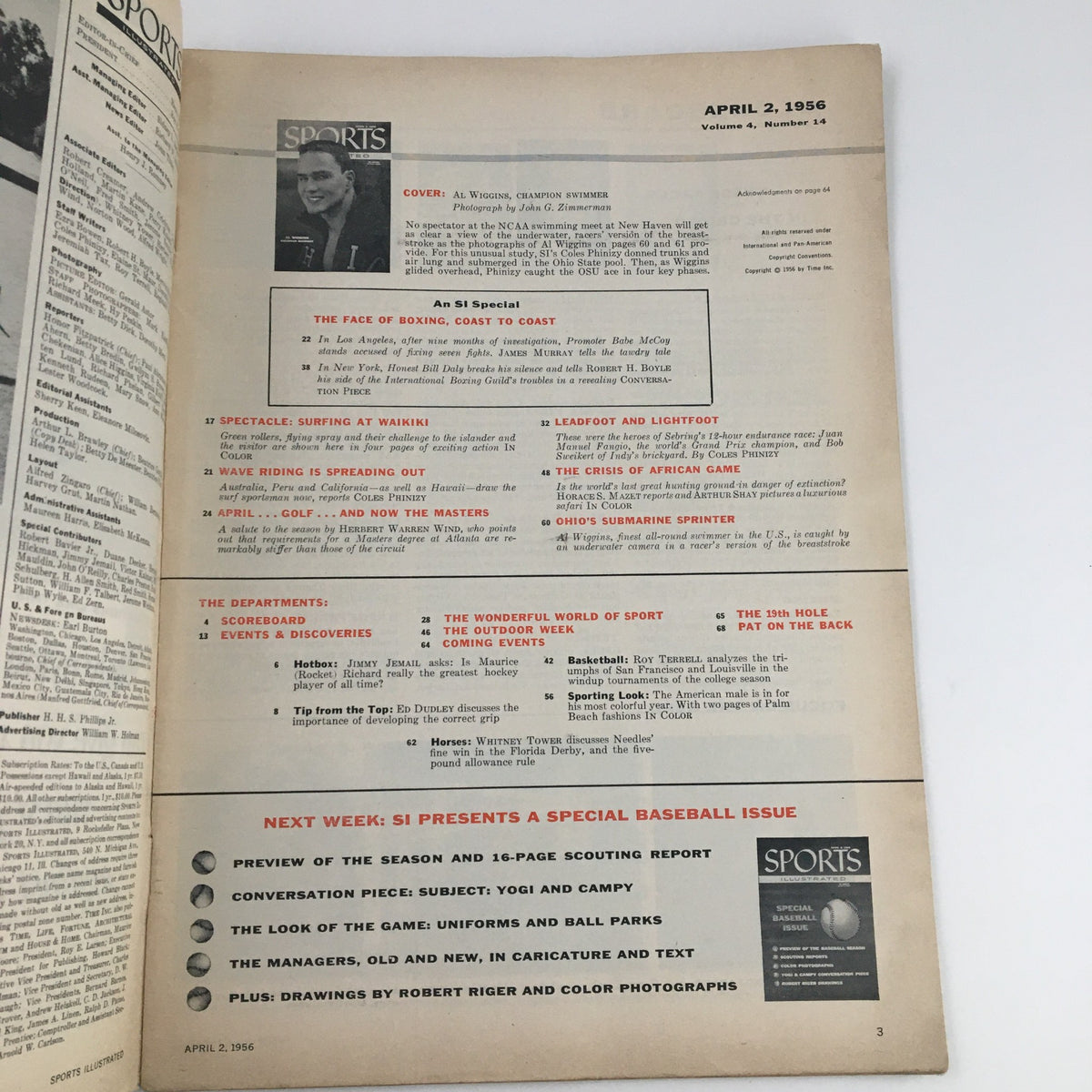 Inside page of the Sports Illustrated Magazine April 2, 1956, displaying articles, including one featuring champion swimmer Al Wiggins, illustrating the magazine's historic content.