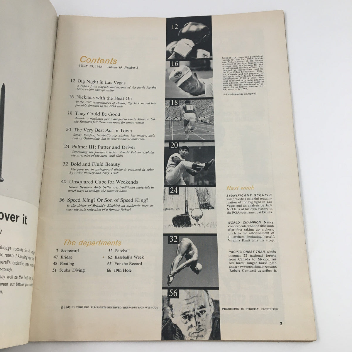 Contents page of Sports Illustrated Magazine July 29 1963, featuring articles on sports legends including Arnold Palmer, Jack Nicklaus, and tennis highlights. Highlights notable sections like Big Night in Las Vegas and Speed King, capturing the essence of 1960s sports culture.