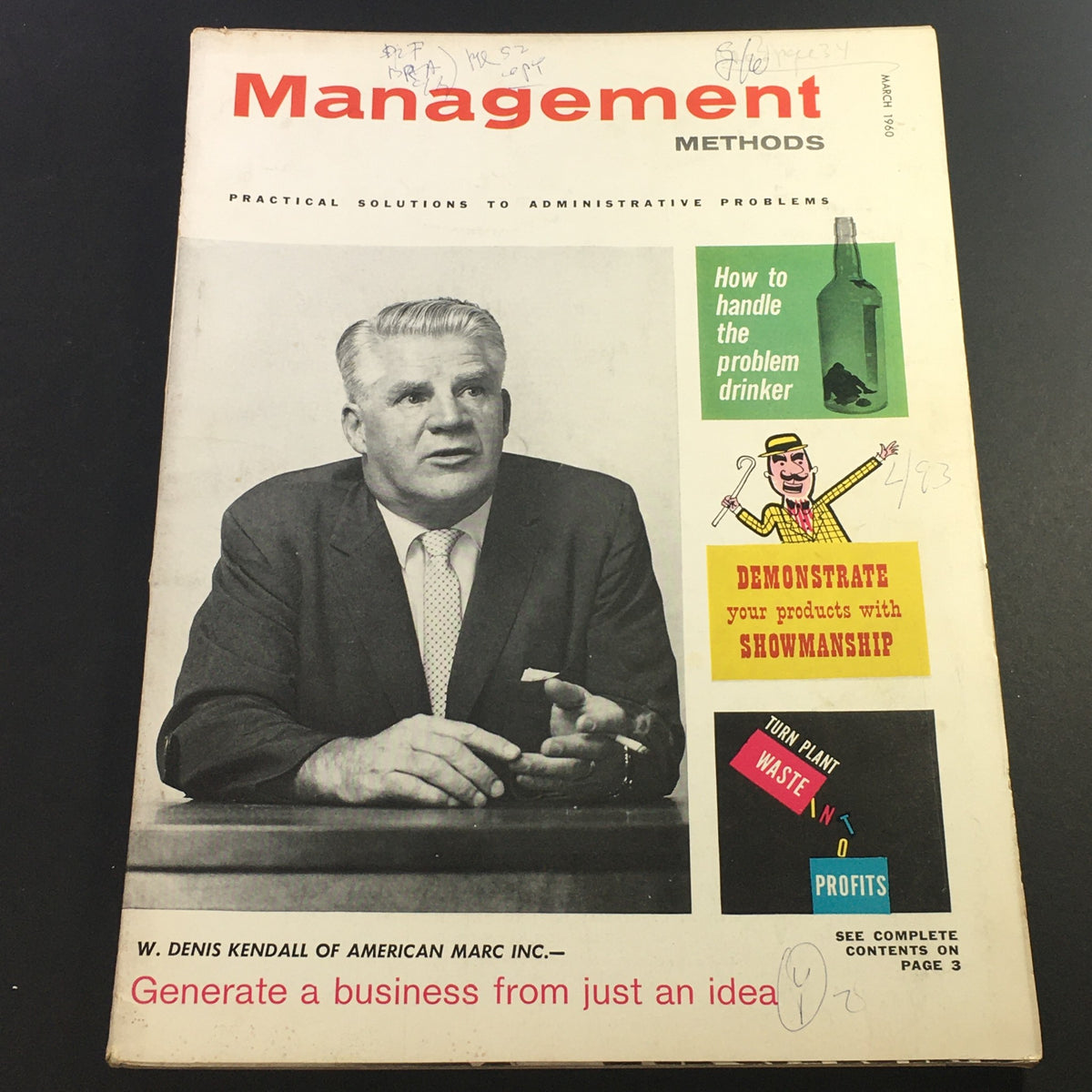 Vintage Business Management Magazine cover from March 1960 featuring W. Denis Kendall of American Marc, showcasing insights into business practices.