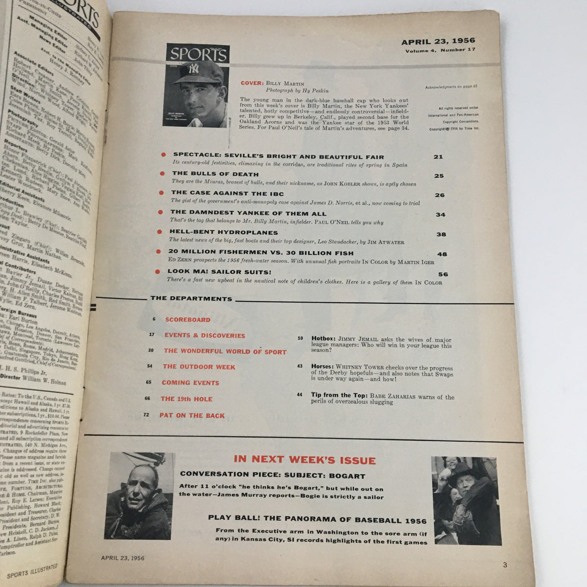Inside page of Sports Illustrated Magazine April 23 1956, detailing the contents and features of the issue including sports articles and the highlight on Billy Martin.
