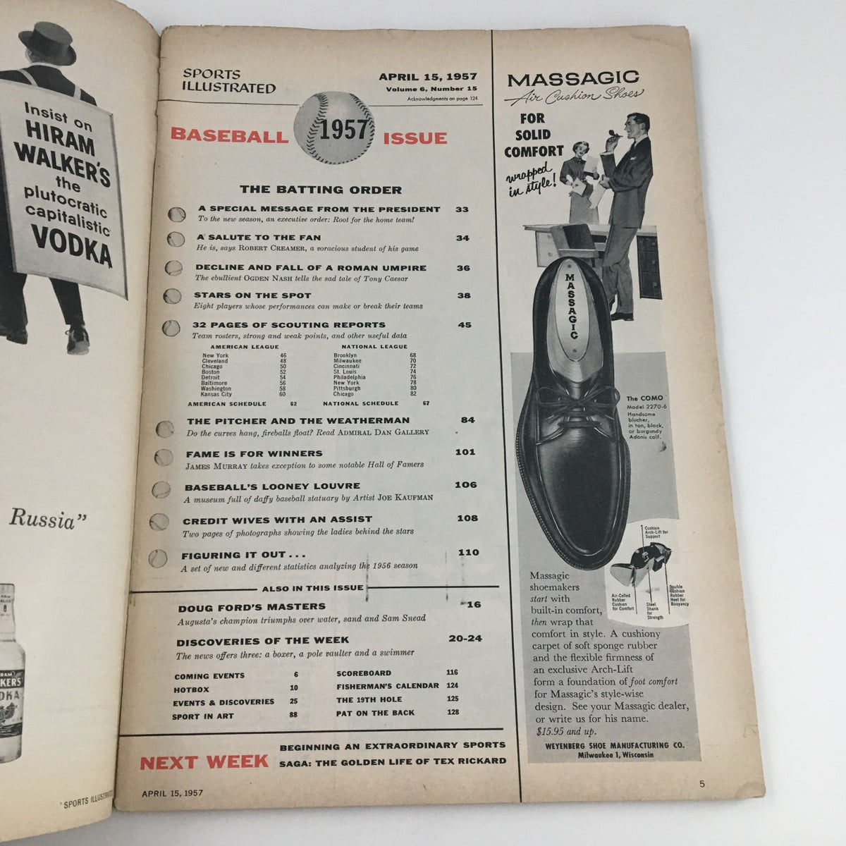 Inside page of Sports Illustrated Magazine April 15 1957 Phony Hall of Famers Baseball Issue, featuring the table of contents and advertisements.